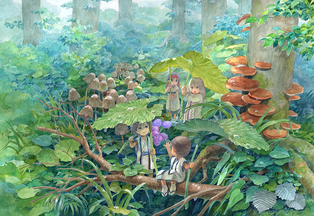 efira, white legwear, traditional media, 2boys, 2girls, child, flower, forest, green theme, hairband, in tree, japanese clothes, kimono, leaf umbrella, long sleeves, looking at another, looking back, mini person, miniboy, minigirl, multiple boys, multiple girls, mushroom, nature, open mouth, outdoors, outstretched arm, outstretched hand, reaching, sandals, scenery, sitting, sitting in tree, smile, socks, tree, water drop