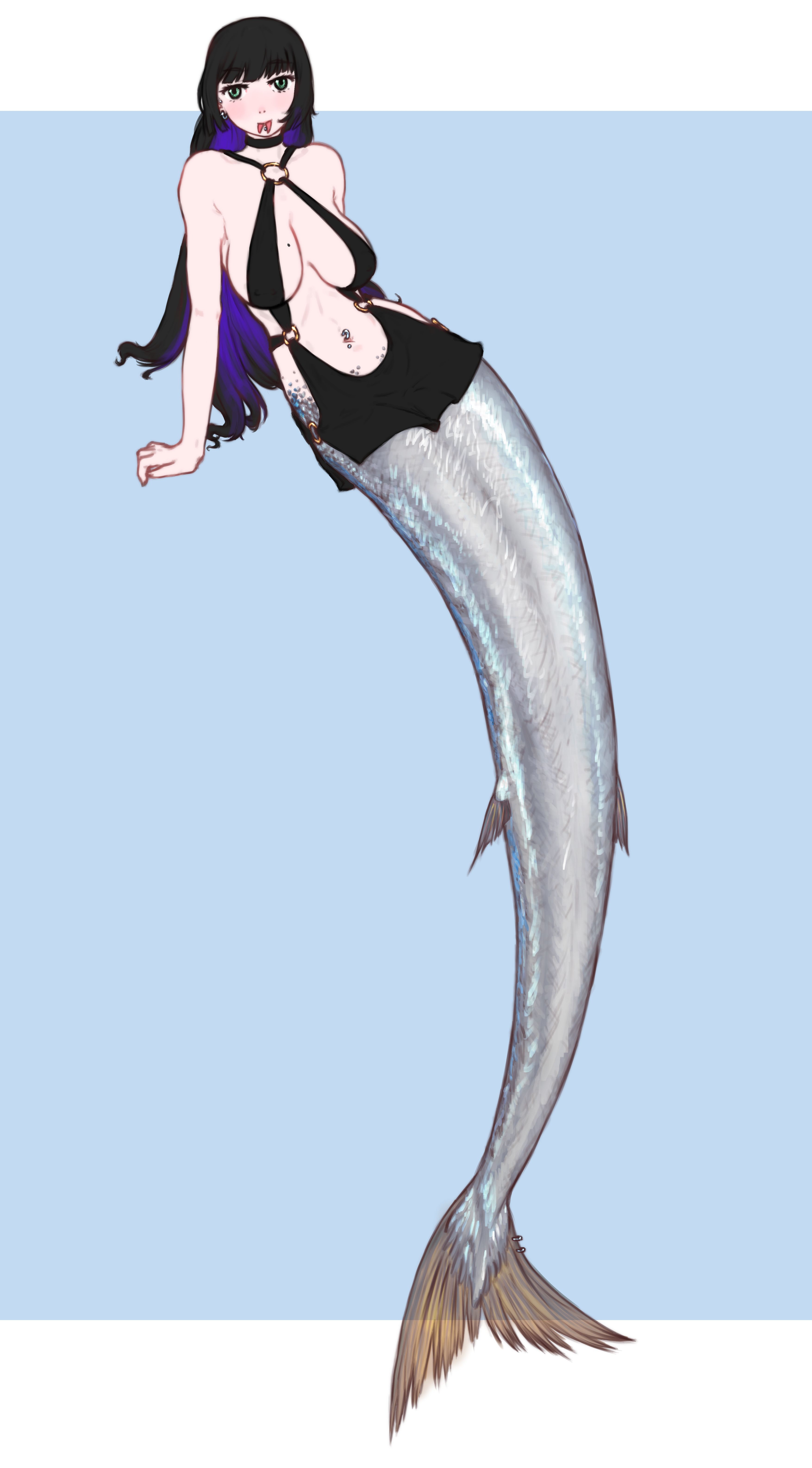 10tile, pa-san, bocchi the rock!, absurdres, commentary, english commentary, highres, 1girl, black hair, breasts, choker, ear piercing, fins, forked tongue, green eyes, grey scales, mermaid, mole, mole on breast, monster girl, monsterification, navel piercing, piercing, purple hair, scales, swimsuit, tongue