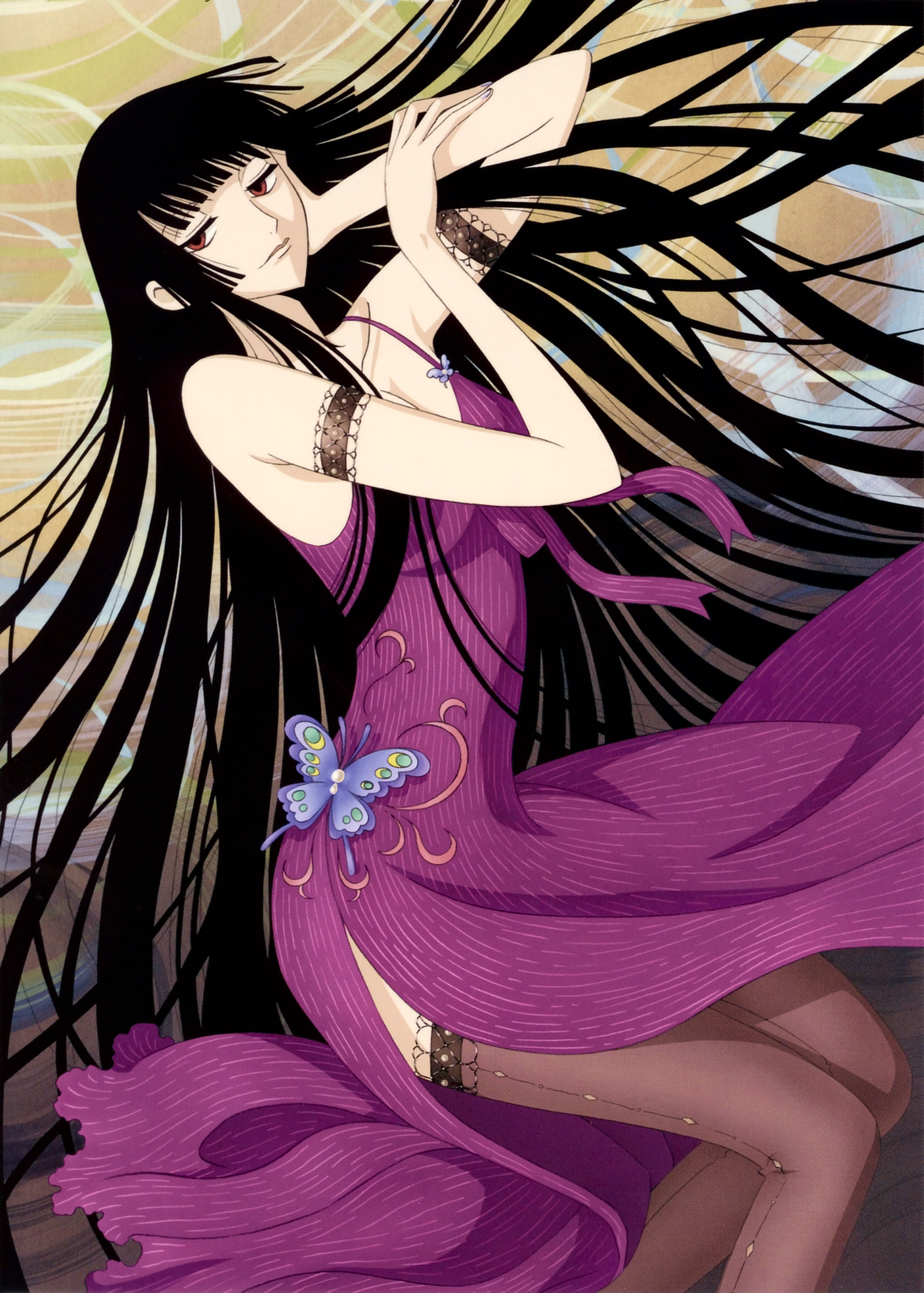 clamp, ichihara yuuko, xxxholic, absurdres, highres, official art, scan, 00s, 1girl, bare shoulders, black hair, bracelet, bug, butterfly, female focus, insect, jewelry, long hair, lying, red eyes, solo, thighhighs, very long hair
