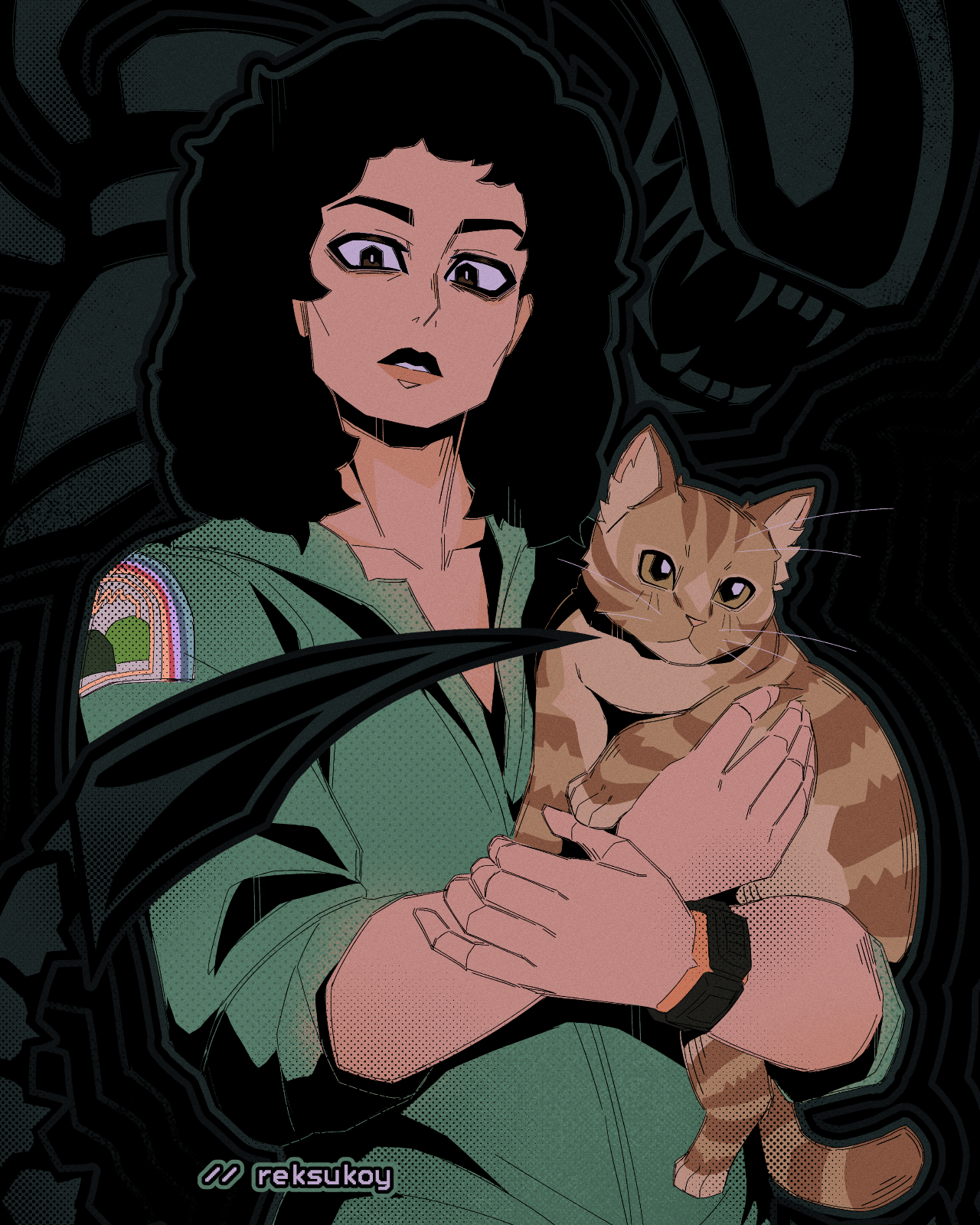 reksukoy, ellen ripley, jones (alien), xenomorph, alien (1979), alien (series), commentary, english commentary, highres, 1girl, 1other, alien, animal, black eyes, black hair, cat, collarbone, eyeliner, green jumpsuit, holding, holding animal, holding cat, jumpsuit, lips, looking at viewer, makeup, orange cat, solo focus, two-tone lips