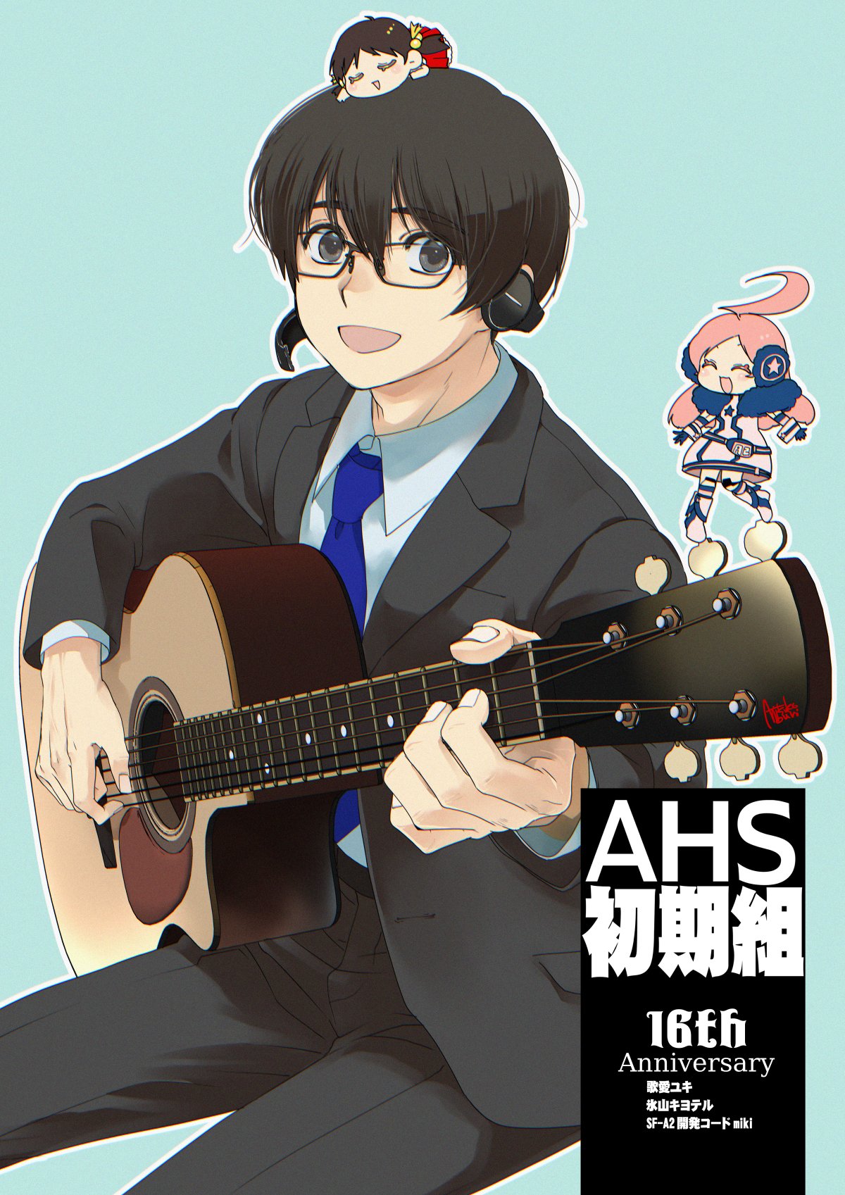 mouri, hiyama kiyoteru, kaai yuki, sf-a2 miki, vocaloid, commentary request, highres, 1boy, 2girls, :d, ^ ^, acoustic guitar, ahoge, anniversary, black-framed eyewear, black eyes, black hair, black jacket, black pants, blue background, blue necktie, character name, closed eyes, collared shirt, dress, glasses, guitar, hair between eyes, headset, holding, holding guitar, holding instrument, huge ahoge, instrument, jacket, multiple girls, necktie, open clothes, open jacket, open mouth, outline, pants, pink hair, shirt, shoes, smile, star (symbol), twintails, u u, white dress, white outline, white shirt, white shoes
