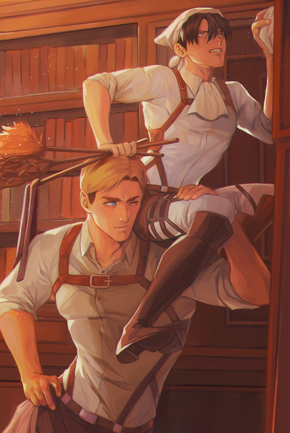 gravesecrets, erwin smith, levi (shingeki no kyojin), shingeki no kyojin, commentary, english commentary, highres, 2boys, ascot, black boots, black hair, blonde hair, blue eyes, bookshelf, boots, carrying over shoulder, chest strap, cleaning, collared shirt, covered pectorals, duster, full body, hand on own hip, headscarf, holding, holding duster, long sleeves, looking up, male focus, multiple boys, on person, pectorals, shirt, shirt tucked in, shoe soles, short hair, sitting on shoulder, sleeves pushed up, sweat, teeth, white headscarf, white shirt