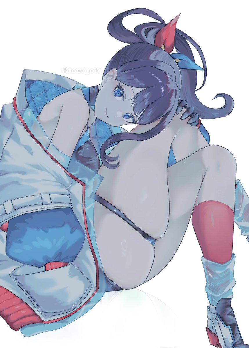 takarada rikka, gridman universe, ssss.gridman, commentary request, highres, 1girl, black gloves, black hair, blue eyes, from side, gloves, hair ornament, imawa naki, jacket, long sleeves, looking at viewer, official alternate costume, ponytail, simple background, smile, solo, thick thighs, thigh gap, thigh strap, thighs, twitter username, white background