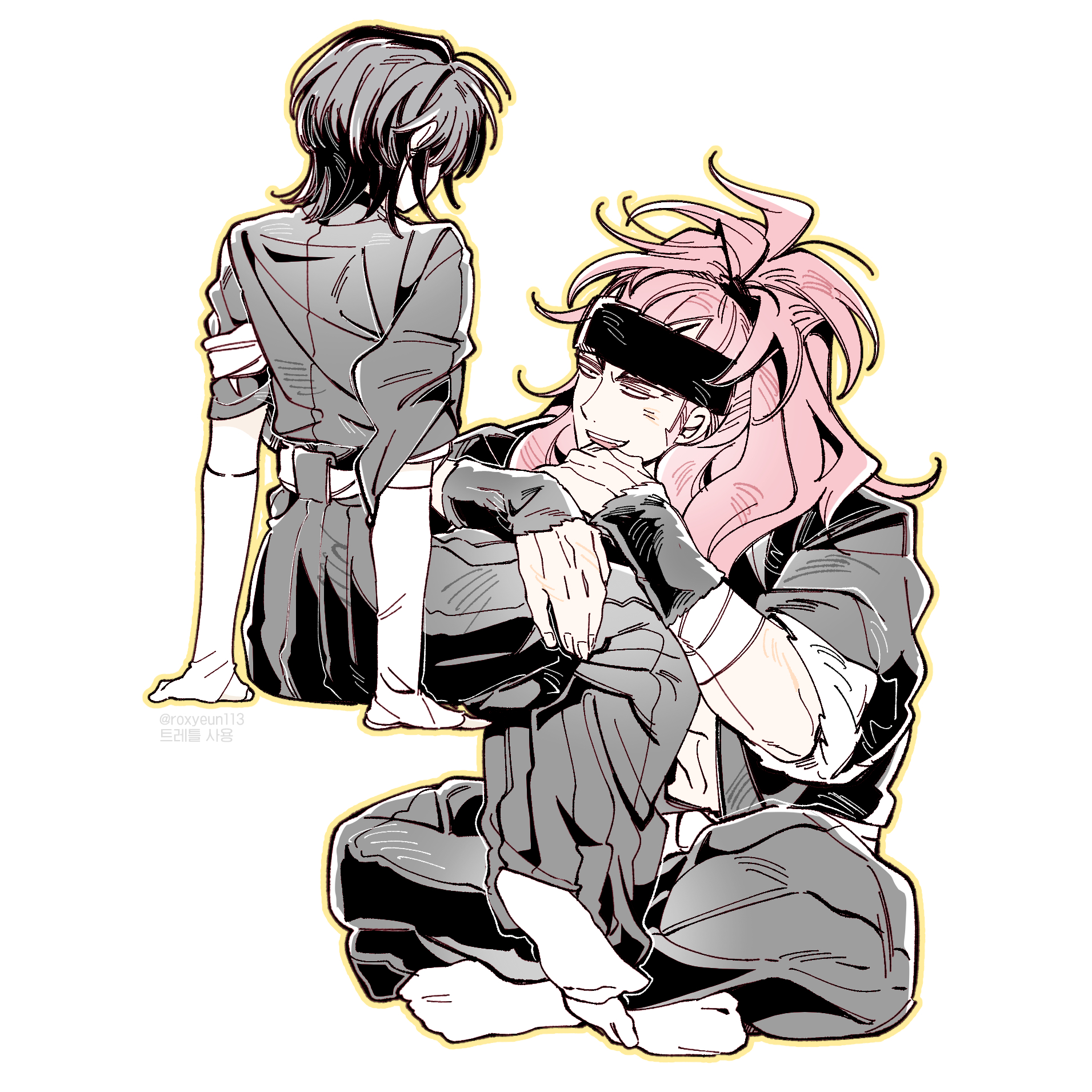 7hrhk77, abarai renji, kuchiki rukia, bleach, commentary request, highres, korean commentary, 1boy, 1girl, bandaged arm, bandages, black hair, black hakama, black headband, couple, elbow gloves, gloves, hakama, half updo, headband, hetero, indian style, japanese clothes, light blush, long hair, looking at another, medium hair, open mouth, red hair, shihakusho, sitting, smile, socks, white gloves, white socks