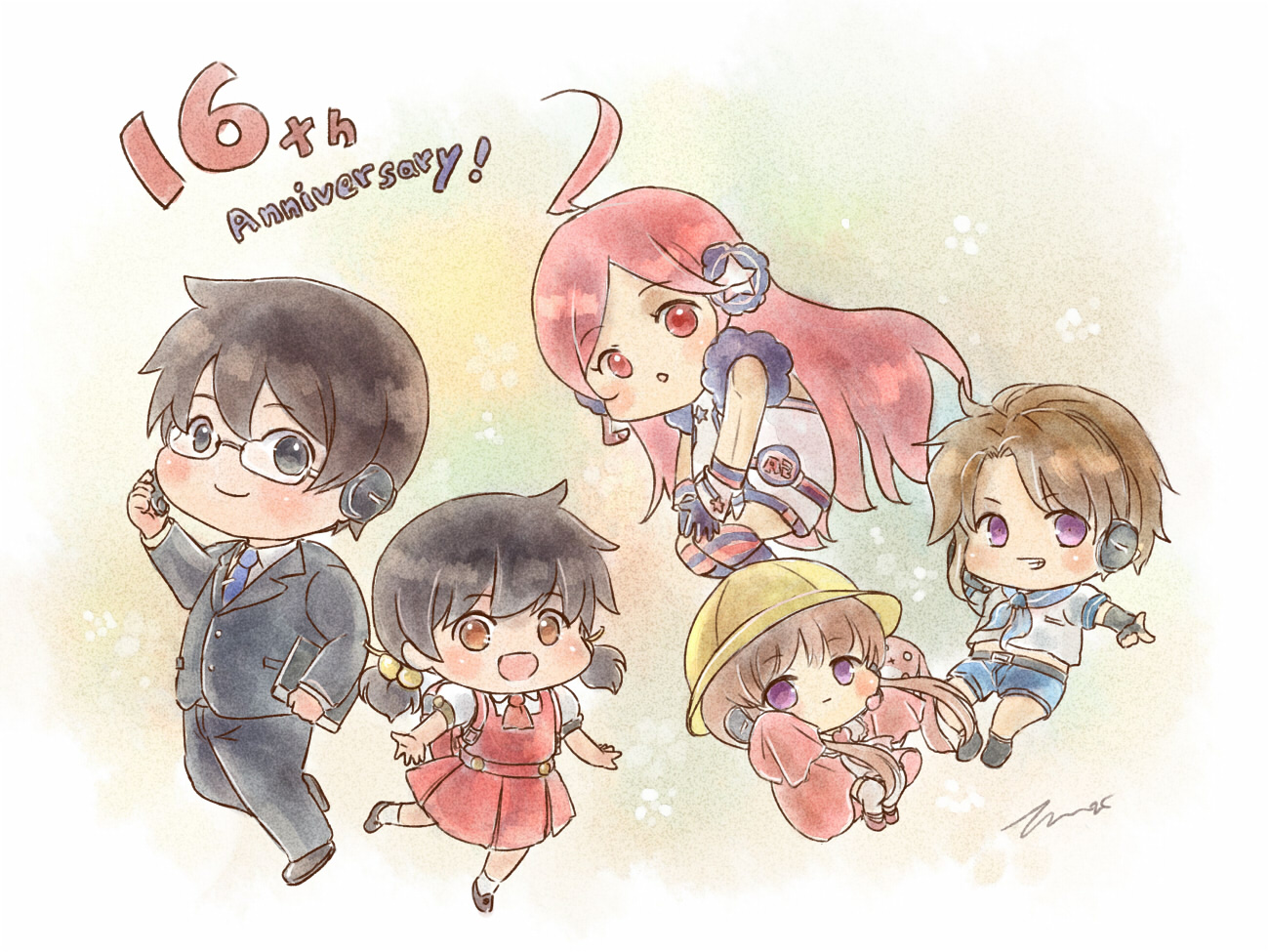 tenryuukou, hiyama kiyoteru, kaai yuki, sf-a2 miki, tsukuyomi ai, tsukuyomi shouta, vocaloid, voiceroid, commentary request, 2boys, 3girls, ahoge, anniversary, backpack, bag, black-framed eyewear, black eyes, black gloves, black hair, black jacket, black pants, black shoes, blue necktie, blue sailor collar, blue shorts, blush, brown eyes, brown hair, chibi, chibi only, closed mouth, collared shirt, dress, full body, glasses, gloves, hat, headphones, huge ahoge, jacket, multiple boys, multiple girls, necktie, no nose, pants, pink shoes, purple eyes, randoseru, red bag, red dress, red eyes, red hair, red necktie, sailor collar, shirt, shoes, short hair, shorts, signature, sleeves past fingers, sleeves past wrists, smile, star (symbol), twintails, white dress, white shirt, yellow hat