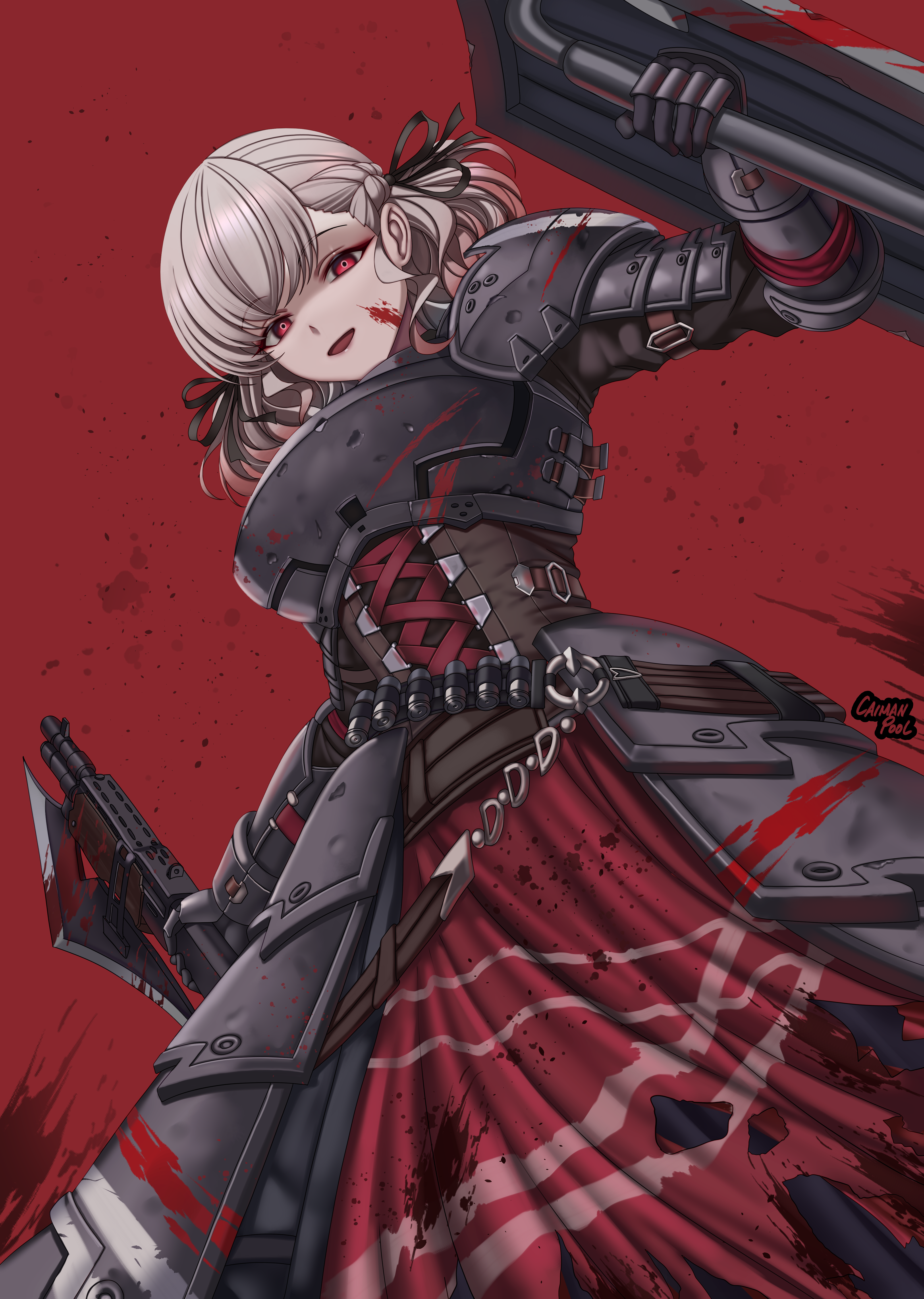 caiman pool, spas-12 (girls' frontline), spas-12 (goblin huntress) (girls' frontline), girls' frontline, absurdres, commentary, english commentary, highres, 1girl, ammunition, armor, axe, blood, blood on clothes, blood on face, grey hair, gun, hair ribbon, holding, long hair, looking at viewer, official alternate costume, plate armor, pump action, red background, red eyes, ribbon, shield, shotgun, shotgun shell, solo, spas-12, twintails, weapon