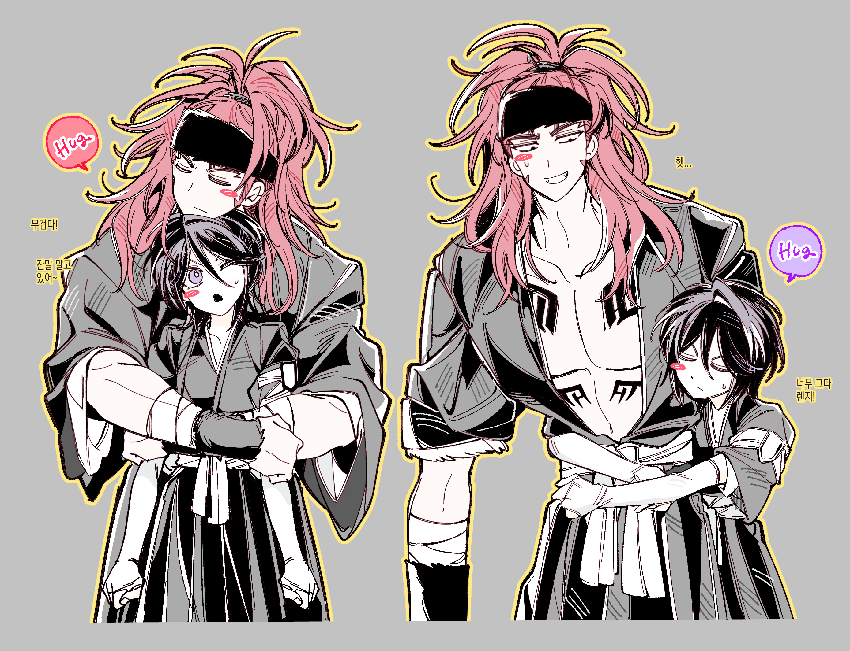 7hrhk77, abarai renji, kuchiki rukia, bleach, commentary request, highres, korean commentary, 1boy, 1girl, arms around waist, bandaged arm, bandages, black hair, black headband, black kimono, blush stickers, chest tattoo, closed eyes, couple, cowboy shot, elbow gloves, fingerless gloves, furrowed brow, gloves, grey background, grin, hair between eyes, half updo, headband, height difference, hetero, hug, japanese clothes, kimono, korean text, medium hair, one eye closed, open clothes, open kimono, parted lips, ponytail, red hair, shihakusho, single blush sticker, smile, sweatdrop, tattoo, teeth, white gloves