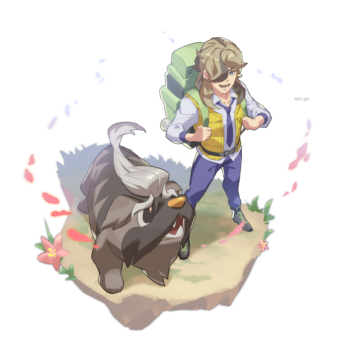 talgi, arven (pokemon), mabosstiff, nintendo, pokemon, pokemon sv, commentary request, highres, 1boy, arms up, backpack, bag, blue eyes, brown hair, collared shirt, english text, eyelashes, faux figurine, hair over one eye, long hair, long sleeves, male focus, multicolored hair, necktie, one eye covered, open collar, open mouth, pants, pokemon (creature), purple necktie, purple pants, school uniform, shirt, shoes, smile, teeth, uva academy school uniform, vest, white background, white shirt, yellow vest