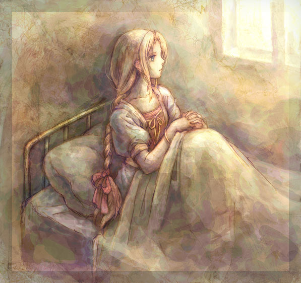 brigadewing, frederica, frederica (bahamut lagoon), bahamut lagoon, 1girl, bed, blonde hair, braid, female focus, interlocked fingers, juliet sleeves, long hair, long sleeves, own hands clasped, own hands together, pillow, puffy sleeves, solo, very long hair, window