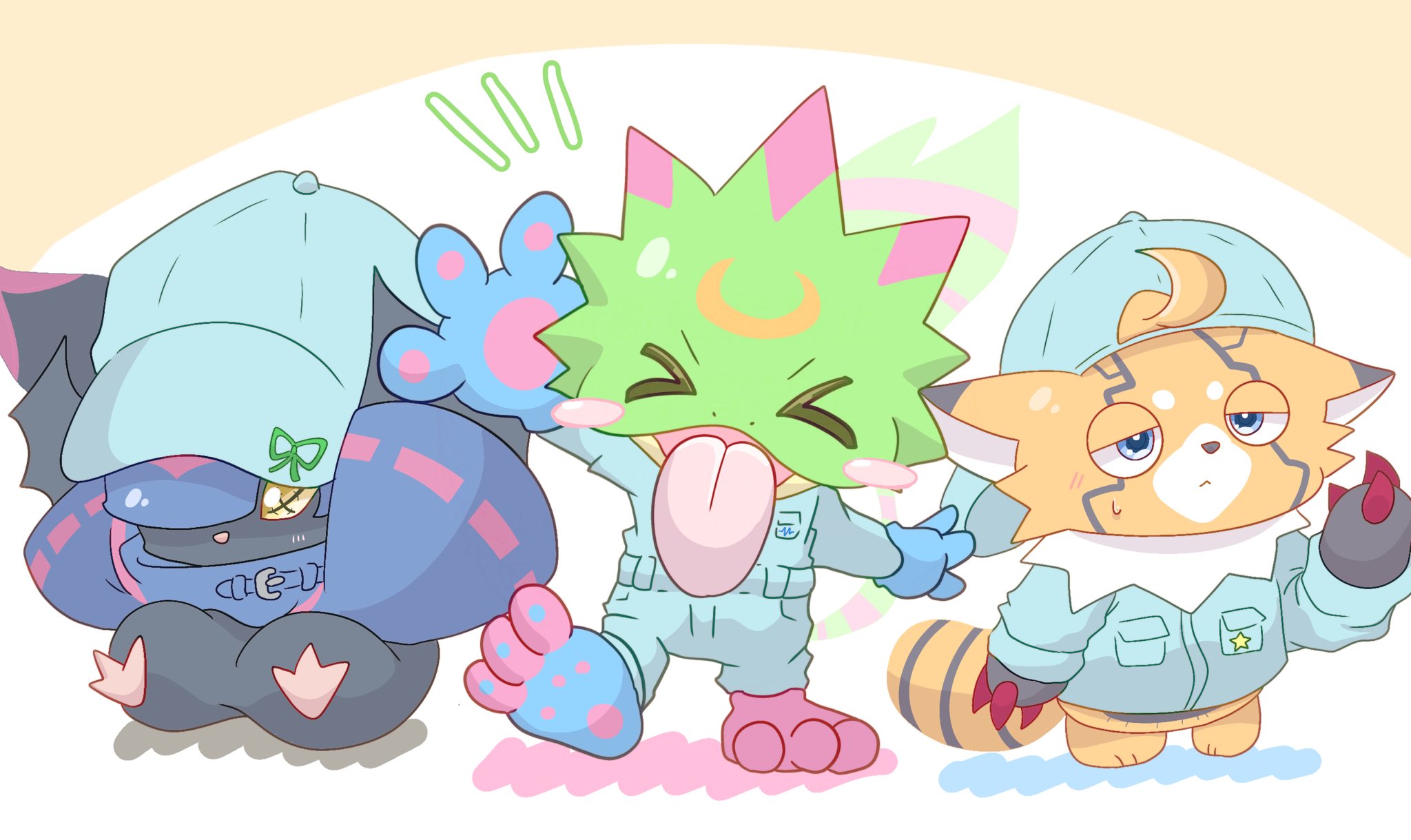 chiropmon, gekkomon, pristimon, digimon, belt, blue eyes, closed eyes, digimon (creature), digital itachi 7, tail, tongue, tongue out, uniform vest