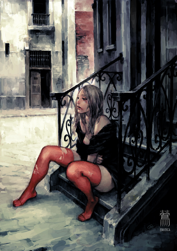 fcp, original, 1girl, abuse, blood, breast slip, breasts, bruise, feet, female focus, full body, grey hair, injury, legs, lips, nipples, one breast out, outdoors, prostitution, red thighhighs, solo, thighhighs, torn clothes