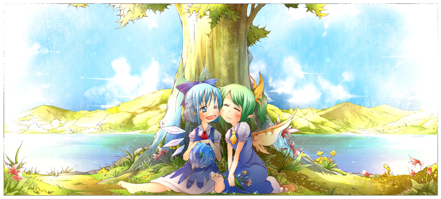 kurage jin, cirno, daiyousei, embodiment of scarlet devil, touhou, 2girls, barefoot, blue eyes, blue hair, closed eyes, feet, flower, frog, green hair, hair ribbon, ice, lake, mountain, multiple girls, nature, ribbon, short hair, smile, tree, wings, wink