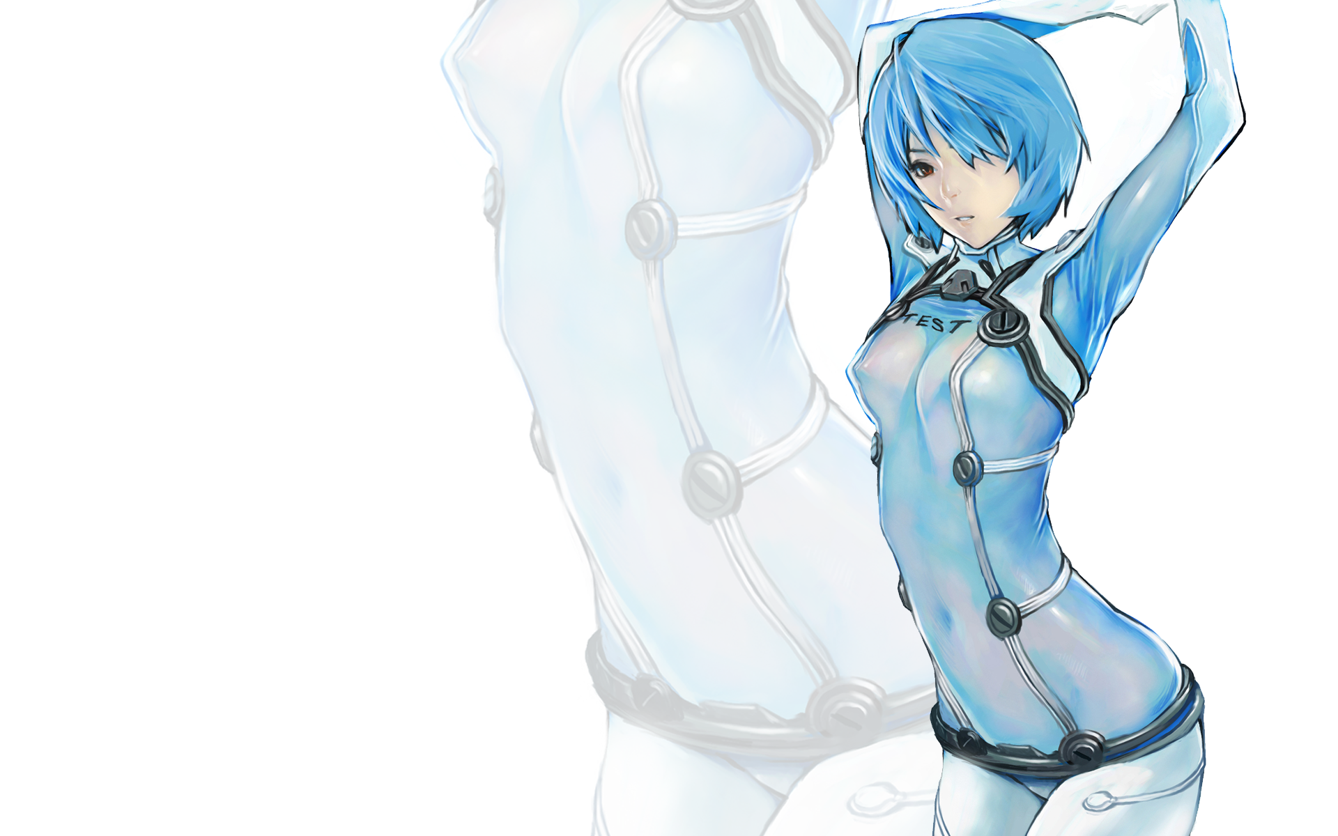 kiyohisa, ayanami rei, neon genesis evangelion, rebuild of evangelion, highres, 00s, 1girl, arms up, blue eyes, blue hair, breasts, covered erect nipples, female focus, hair over one eye, leaning forward, matching hair/eyes, mecha pilot suit, navel, plugsuit (evangelion), short hair, simple background, solo, test plugsuit (evangelion), zoom layer