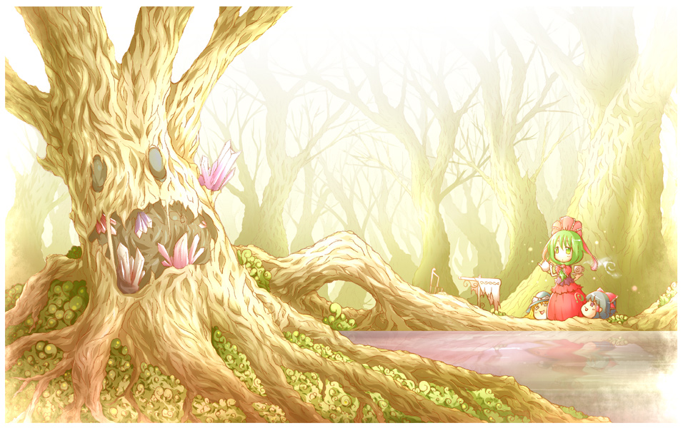 kurage jin, hakurei reimu, kagiyama hina, kirisame marisa, touhou, 3girls, chibi, crystal, female focus, forest, multiple girls, nature, outdoors, plant, tea, tree, yukkuri shiteitte ne