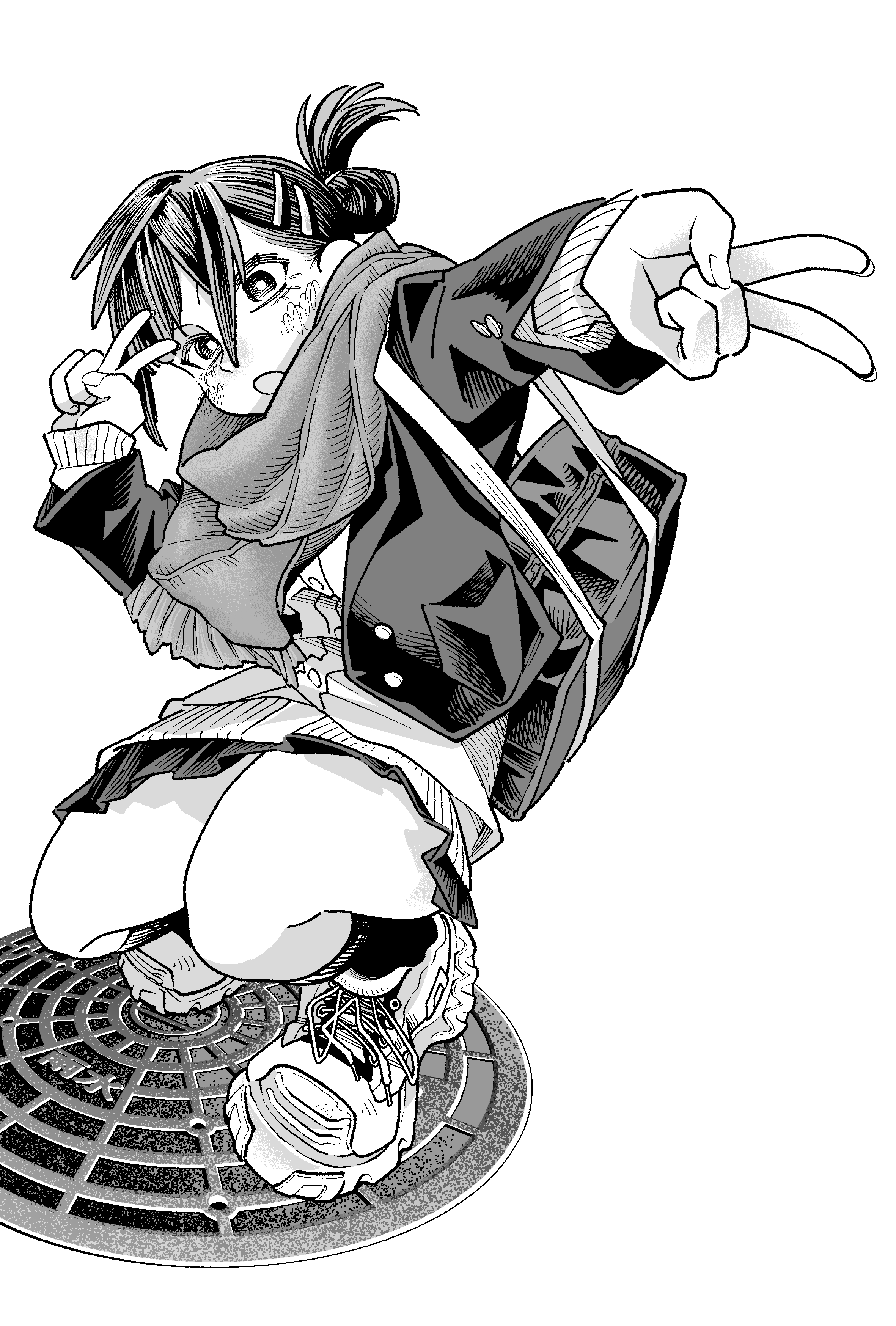 gavucchi, original, absurdres, highres, 1girl, :o, bag, blush, cardigan, double v, folded ponytail, foreshortening, full body, greyscale, hair between eyes, hair ornament, hairclip, hand up, hatching (texture), head tilt, jacket, kneehighs, linear hatching, long sleeves, looking at viewer, manhole cover, medium hair, miniskirt, monochrome, open clothes, open jacket, open mouth, outstretched arm, parallel hairclips, pleated skirt, scarf, school bag, school uniform, shoes, shoulder bag, simple background, skirt, sneakers, socks, solo, squatting, v, white background