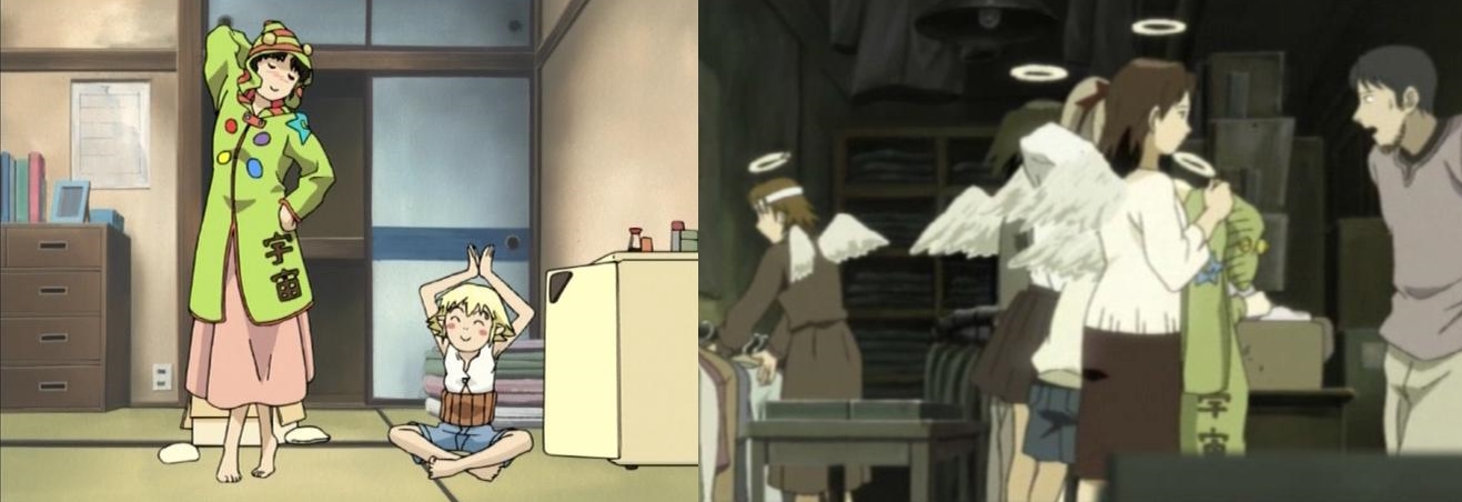 abe yoshitoshi, chigasaki mayuko, hikari (haibane renmei), kana (haibane renmei), nemu (haibane renmei), niea (character), rakka (haibane renmei), haibane renmei, niea 7, anime screenshot, long image, wide image, 00s, 1boy, 6+girls, alien, angel wings, arms up, barefoot, black hair, blonde hair, blush stickers, brown hair, child, closed eyes, coat, comparison, feet, full body, fusuma, green theme, halo, happy, headband, hood, indian style, multiple girls, pointy ears, short hair, shorts, sitting, skirt, sliding doors, split image, standing, sweater, tatami, wings