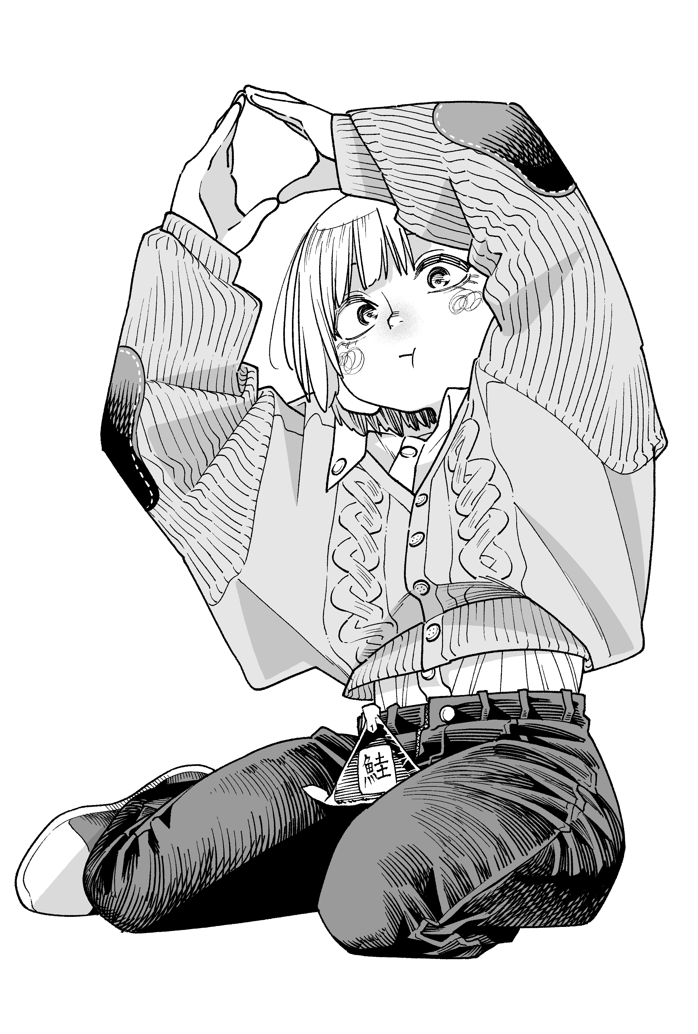 gavucchi, original, absurdres, highres, 1girl, :t, arms up, blush, cable knit, cardigan, closed mouth, collared shirt, elbow patches, food, full body, greyscale, hatching (texture), linear hatching, looking at viewer, monochrome, o arms, onigiri, own hands together, pants, pout, shirt, shirt tucked in, shoes, short hair, simple background, sitting, solo, white background, yokozuwari