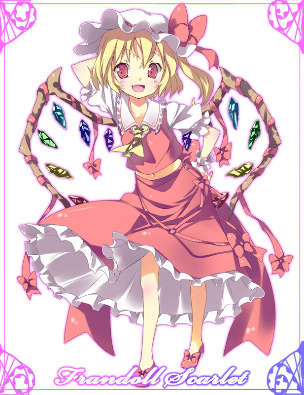 subachi, flandre scarlet, touhou, bad id, bad pixiv id, 1girl, :d, arm behind head, blonde hair, border, character name, fang, female focus, hand on own hip, hat, navel, open mouth, ponytail, red eyes, short hair, side ponytail, smile, solo, wings