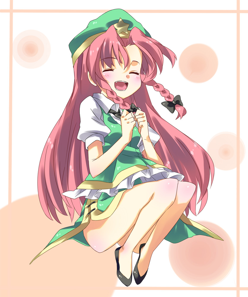subachi, hong meiling, embodiment of scarlet devil, touhou, bad id, bad pixiv id, 1girl, bad anatomy, blush, braid, china dress, chinese clothes, circle, clenched hand, clenched hands, closed eyes, disk, dress, female focus, hat, long hair, open mouth, red hair, smile, solo, twin braids