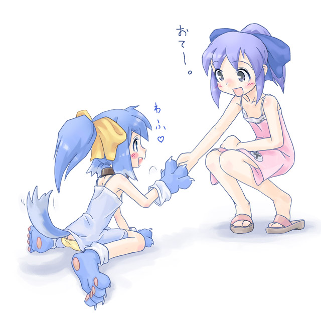 ugai yuichi, inu-t, nt-tan, os-tan, animal ears, animal hands, blue hair, dog ears, gloves, paw gloves, tail