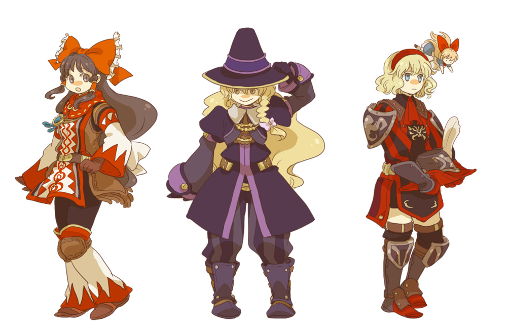emu (losspass), alice margatroid, black mage (final fantasy), hakurei reimu, kirisame marisa, red mage (final fantasy), shanghai doll, white mage (final fantasy), final fantasy, final fantasy xi, the iron of yin and yang, touhou, 3girls, armor, armored dress, blonde hair, bow, cosplay, crossover, dress, full body, hair bow, hat, long hair, looking at viewer, low-tied long hair, multiple girls, short hair, standing, white background, witch hat