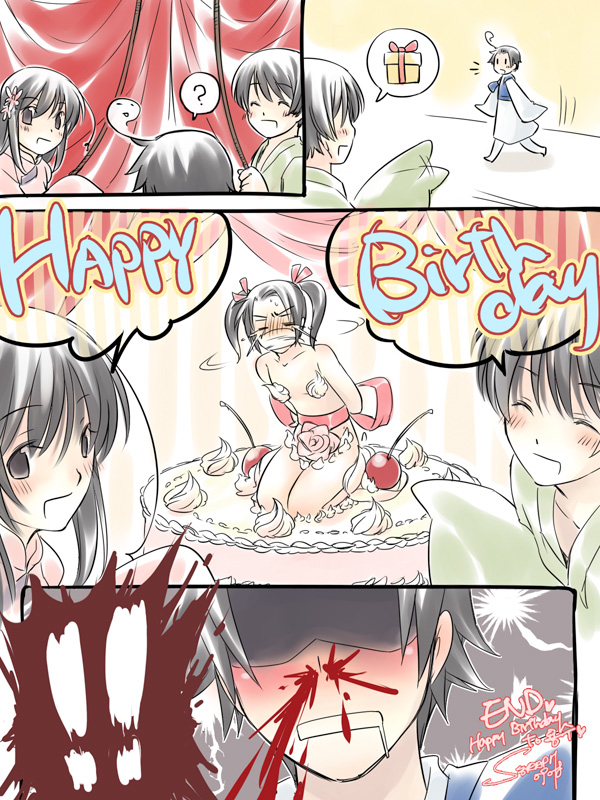 seraphlei, china (hetalia), japan (hetalia), korea (hetalia), taiwan (hetalia), axis powers hetalia, 00s, 1girl, 3boys, black hair, blood, blush, cake, china dress, chinese clothes, dress, food, gift, happy birthday, japanese clothes, kimono, long hair, multiple boys, nosebleed, nude, pastry, ribbon, short hair, smile, twintails, whipped cream