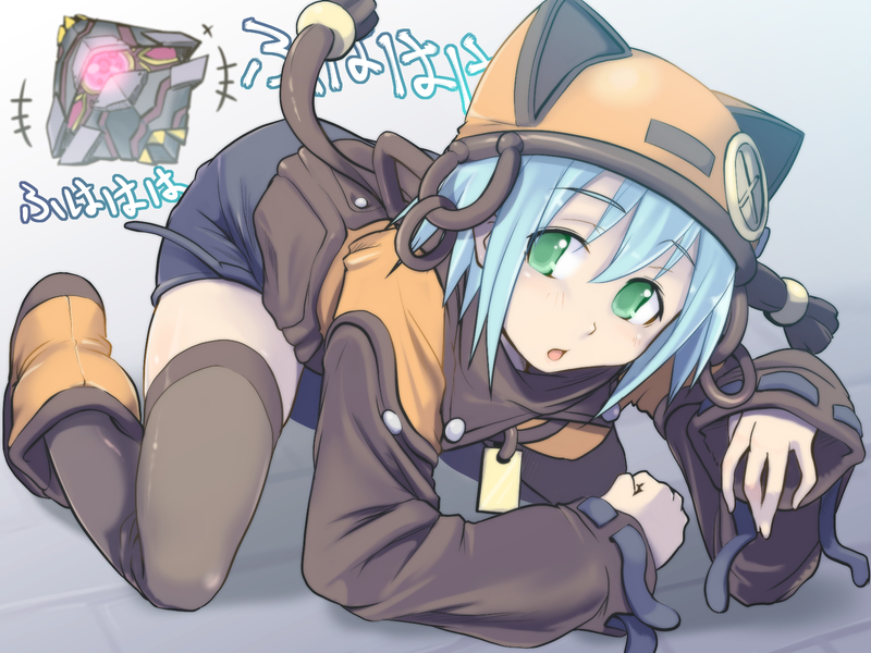 painpa, kawai honoka, leopard (sorakake), sora wo kakeru shoujo, 00s, 1girl, all fours, blue hair, green eyes, short hair, thighhighs