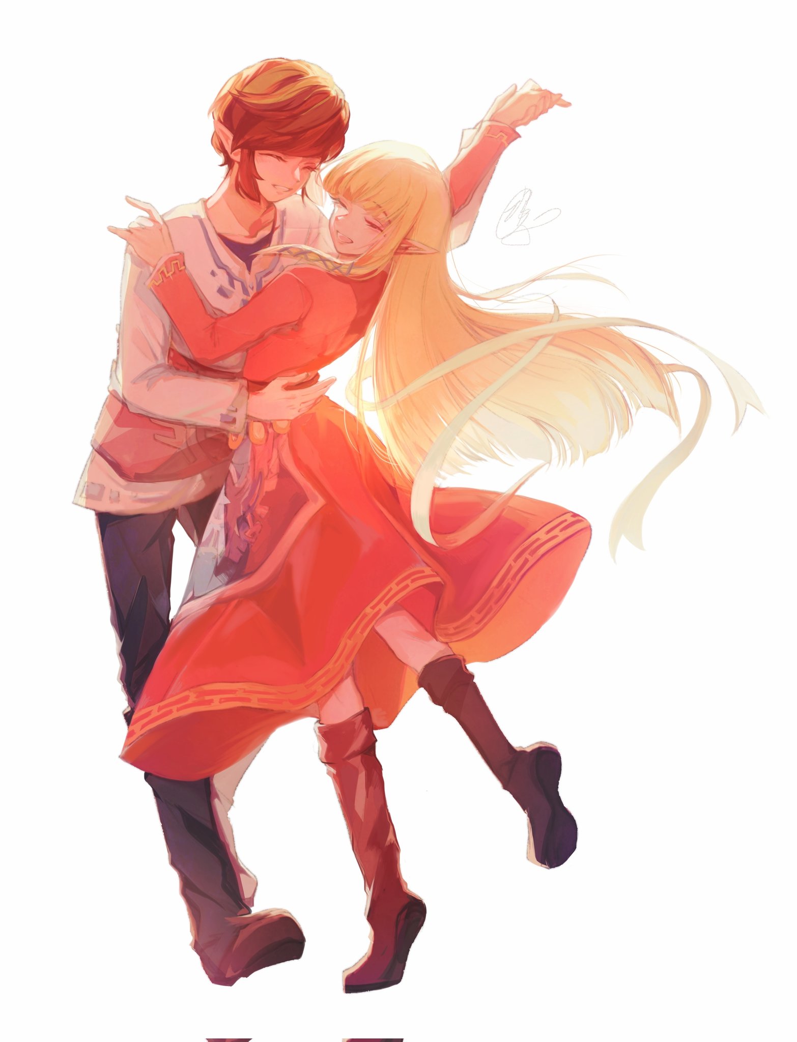 tica tiforzelda, link, princess zelda, nintendo, the legend of zelda, the legend of zelda: skyward sword, highres, 1boy, 1girl, black pants, blunt bangs, blunt ends, boots, brown boots, closed eyes, couple, dancing, dress, full body, hair ribbon, hand on another's waist, hetero, holding hands, long dress, long hair, open mouth, pants, parted lips, pink dress, pointy ears, ribbon, shirt, short hair, sidelocks, signature, smile, straight hair, swept bangs, white background, white shirt