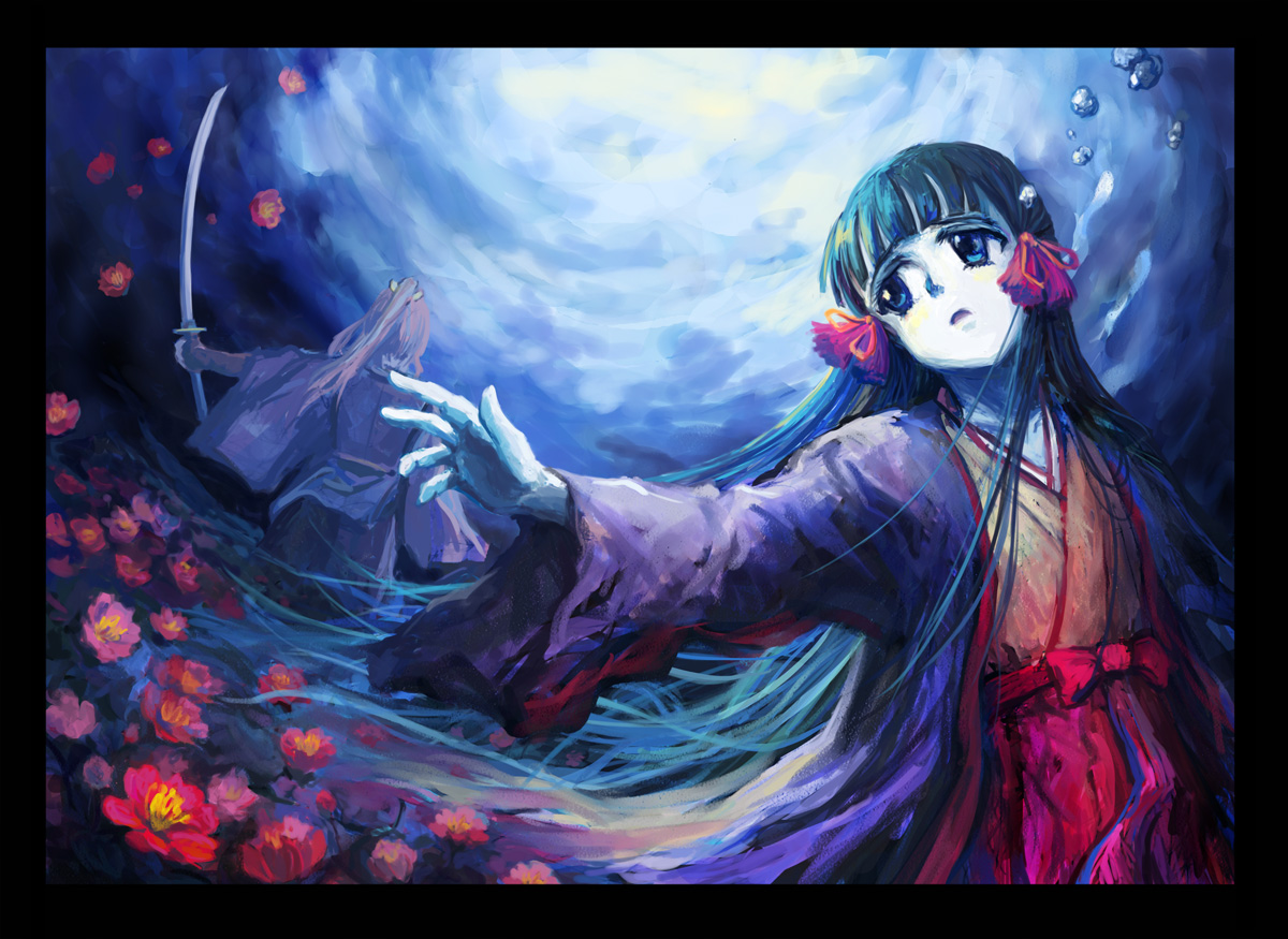 hatoya hato, kohaku (aoi shiro), yasuhimesama, aoi shiro, bad id, bad pixiv id, character request, 2girls, female focus, flower, katana, multiple girls, nature, outdoors, pale skin, sky, sword, weapon