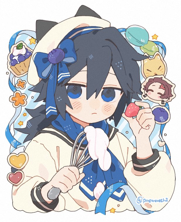 kamado tanjirou, tomioka giyuu, kimetsu no yaiba, commentary request, 2boys, arm up, beret, black hair, blue bow, blue eyes, blue ribbon, blue sailor collar, blueberry hair ornament, blush stickers, bow, brown hair, closed eyes, closed mouth, cream, cropped torso, cupcake, dot nose, double-parted bangs, earrings, food, food-themed hair ornament, frown, fruit, hair between eyes, hair bow, hair ornament, hat, heart, holding, holding food, holding fruit, holding whisk, jewelry, male focus, multiple boys, piercing, pmpmmochi, ponytail, ribbon, sailor collar, solo focus, strawberry, twitter username, whisk, white background, white hat