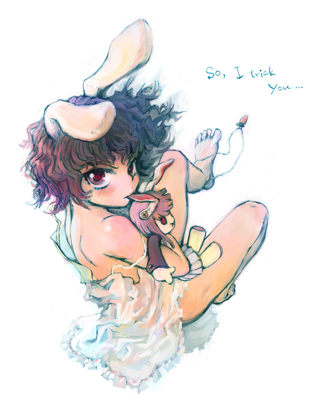 hatoya hato, inaba tewi, reisen udongein inaba, touhou, bad id, bad pixiv id, highres, 1girl, animal ears, bare shoulders, barefoot, carrot, carrot necklace, character doll, chemise, chewing, doll, english text, faux traditional media, feet, female focus, foreshortening, jewelry, necklace, rabbit ears, red eyes, see-through clothes, short hair, solo, speed painting, strap slip, stuffed animal, stuffed toy, toes
