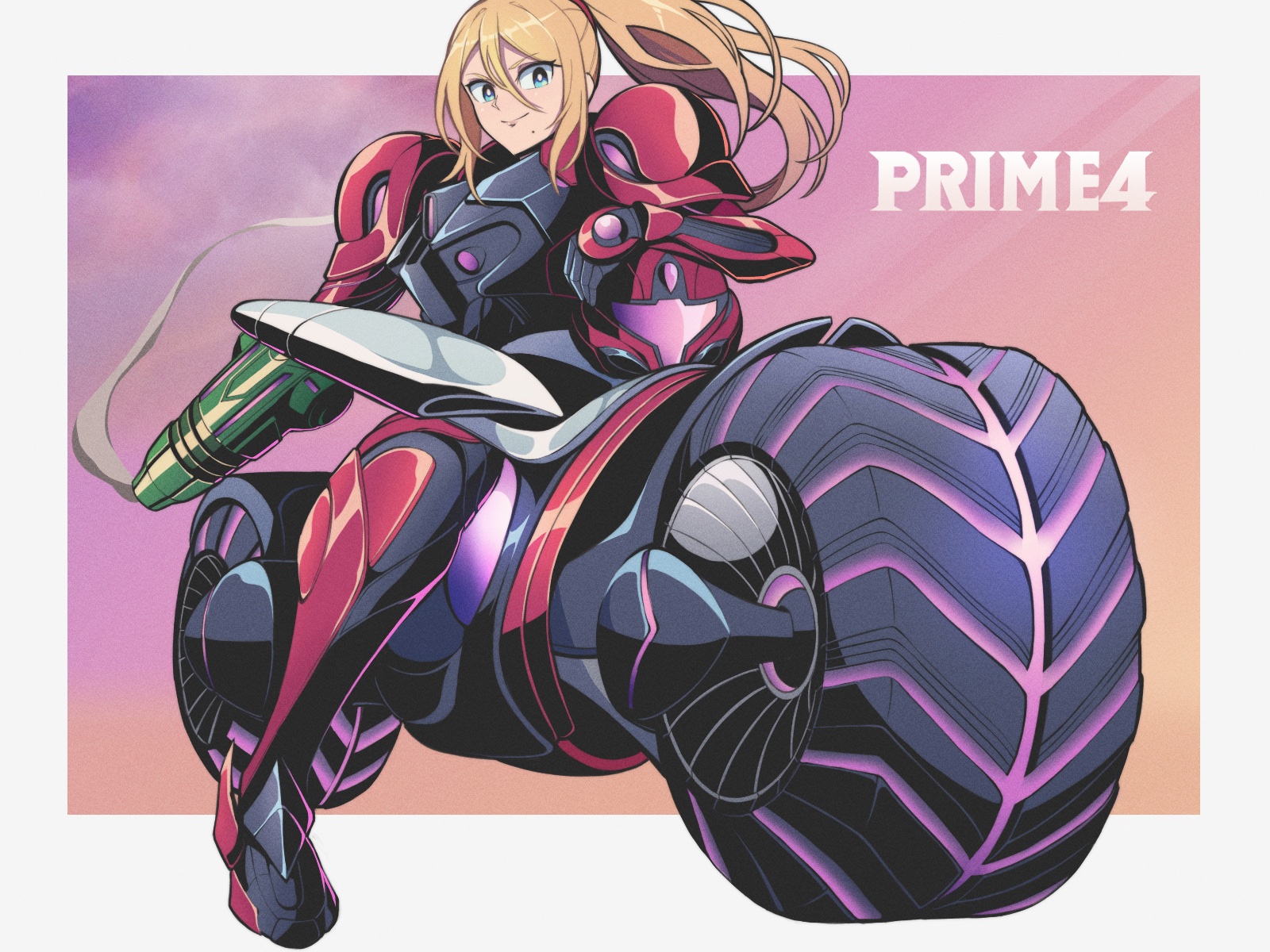 pechamaju, samus aran, metroid, metroid prime 4: beyond, nintendo, commentary request, highres, 1girl, arm cannon, armor, blonde hair, copyright name, helmet, high ponytail, holding, holding unworn helmet, motor vehicle, motorcycle, on motorcycle, pink visor, ponytail, power armor, power suit (metroid), smile, solo, two-tone armor, unworn headwear, unworn helmet, v-shaped eyebrows, vi-o-la suit, weapon