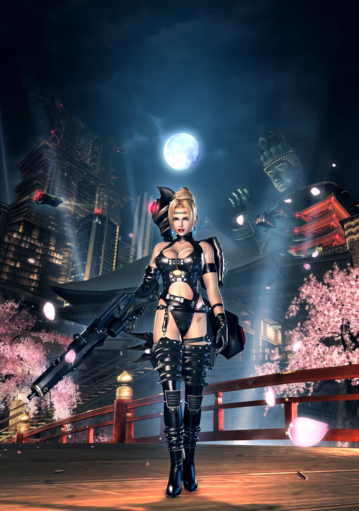 rachel (ninja gaiden), ninja gaiden, ninja gaiden sigma 2, highres, official art, 1girl, 3d, armband, armor, blonde hair, blue eyes, breasts, bridge, buckle straps, cherry blossoms, circlet, city, cleavage cutout, clothing cutout, female focus, garter belt, gloves, gun, hammer, high heels, large breasts, latex, leather, leather armor, leotard, machine gun, moon, one-piece swimsuit, shoes, shoulder pads, solo, spiked spaulders, statue, strap, studded leather, swimsuit, thighhighs, war hammer, warhammer, weapon