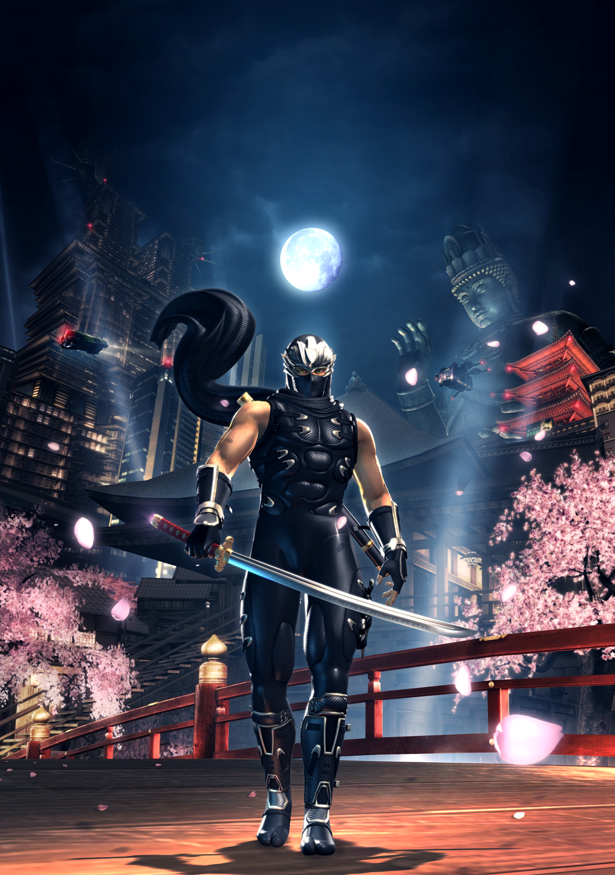 ryu hayabusa, ninja gaiden, ninja gaiden sigma 2, highres, official art, 1boy, 3d, bridge, cherry blossoms, city, dragon sword, from below, full body, gauntlets, green eyes, katana, male focus, mask, moon, outdoors, plant, scarf, sky, solo, standing, statue, sword, tree, weapon