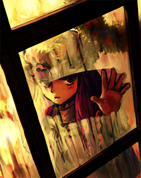 hatoya hato, patchouli knowledge, touhou, 1girl, bow, dark, female focus, hat, indoors, long hair, mob cap, moon, purple eyes, purple hair, ribbon, solo, window