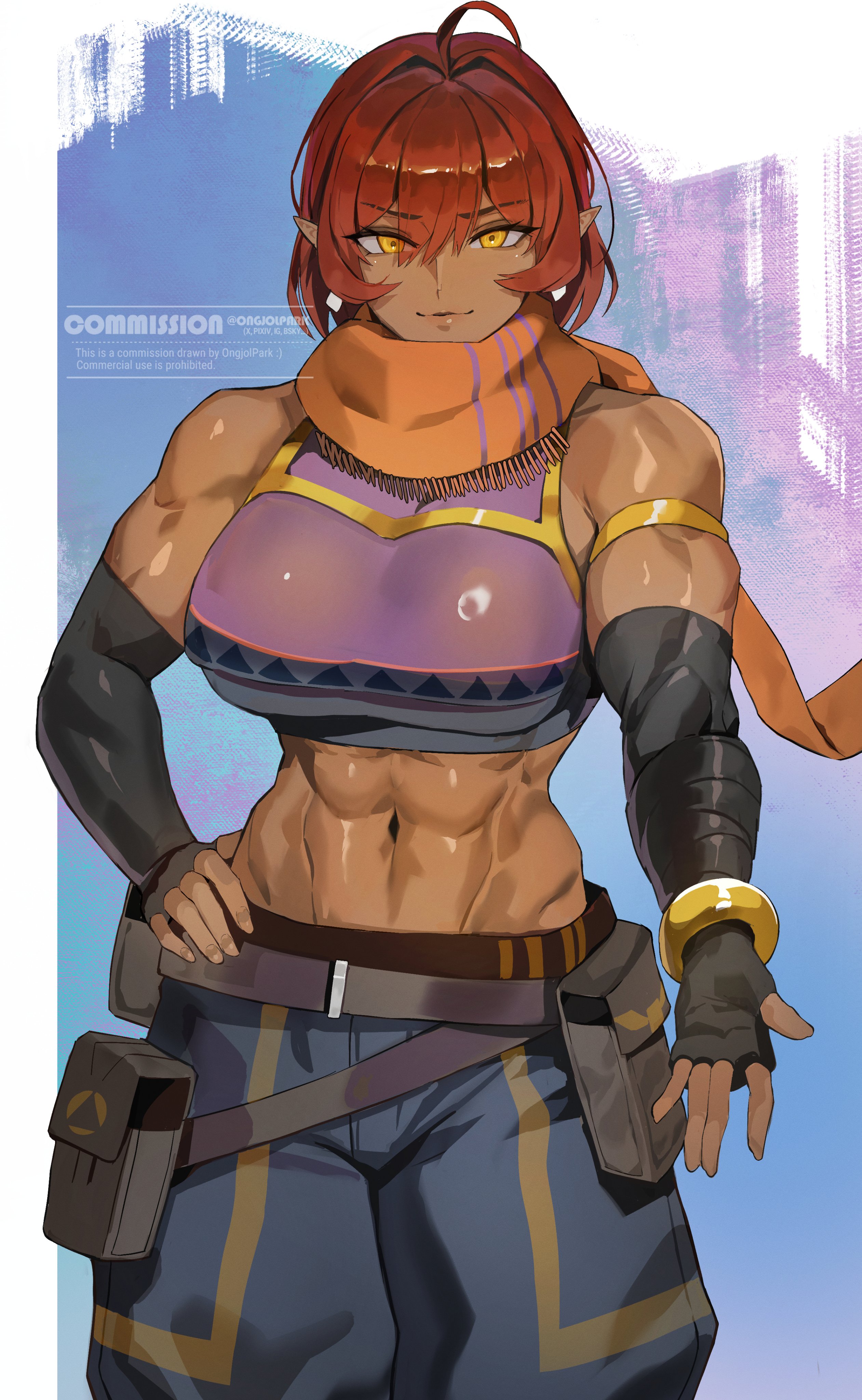 park ongjol, nintendo, original, the legend of zelda, absurdres, character request, commentary, commission, english commentary, highres, 1girl, abs, ahoge, belt, belt pouch, black gloves, bracelet, breasts, closed mouth, cowboy shot, crop top, cropped shirt, dark-skinned female, dark skin, elbow gloves, fingerless gloves, flipped sidelocks, gerudo, gloves, gold bracelet, jewelry, large breasts, midriff, muscular, muscular female, navel, orange scarf, pointy ears, pouch, purple shirt, red hair, scarf, shirt, short hair, sleeveless, sleeveless shirt, smile, solo, stomach, watermark, yellow eyes