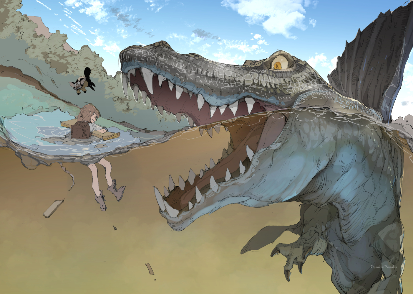 demizu posuka, plank, original, commentary request, 1girl, artist name, backpack, bag, brown hair, dinosaur, open mouth, prehistoric animal, scales, sharp teeth, solo, spinosaurus, teeth, water
