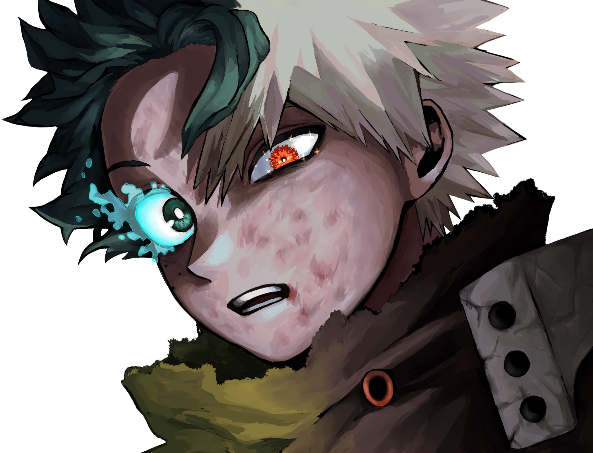 bakugou katsuki, midoriya izuku, boku no hero academia, highres, 2boys, blonde hair, blood, blood on face, dirty, dirty face, dried blood, green eyes, green hair, heterochromia, male focus, multiple boys, oez875, open mouth, orange eyes, portrait, short hair, simple background, spiked hair, teeth, torn clothes, white background