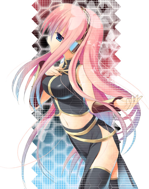 sazaki ichiri, megurine luka, vocaloid, detached sleeves, long hair, midriff, pink hair, solo, thighhighs
