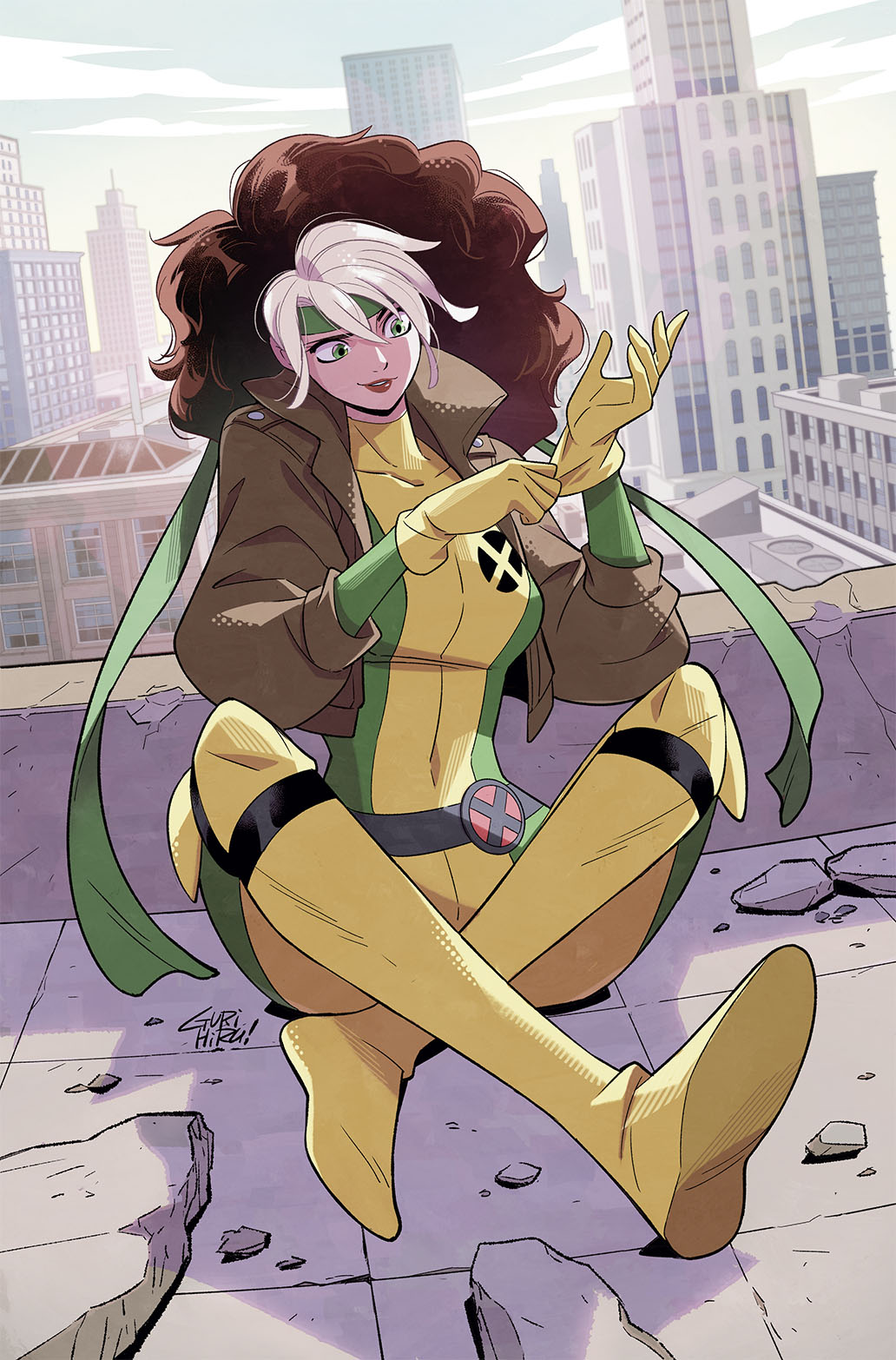 gurihiru, rogue (x-men), marvel, x-men, commentary request, highres, 1girl, belt, bodysuit, breasts, brown hair, colored bangs, gloves, green bodysuit, green eyes, headband, jacket, long hair, multicolored bodysuit, multicolored hair, smile, solo, superhero costume, two-tone hair, white hair, yellow bodysuit, yellow gloves