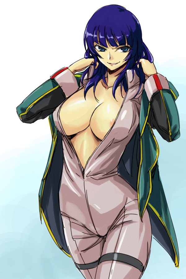 michael f91, florence kirishima, gundam, sd gundam, sd gundam g-generation, sd gundam g-generation wars, pilot suit, 1girl, adjusting, areola slip, blue hair, bodysuit, breasts, center opening, female focus, grin, huge breasts, nipple slip, nipples, smile, solo