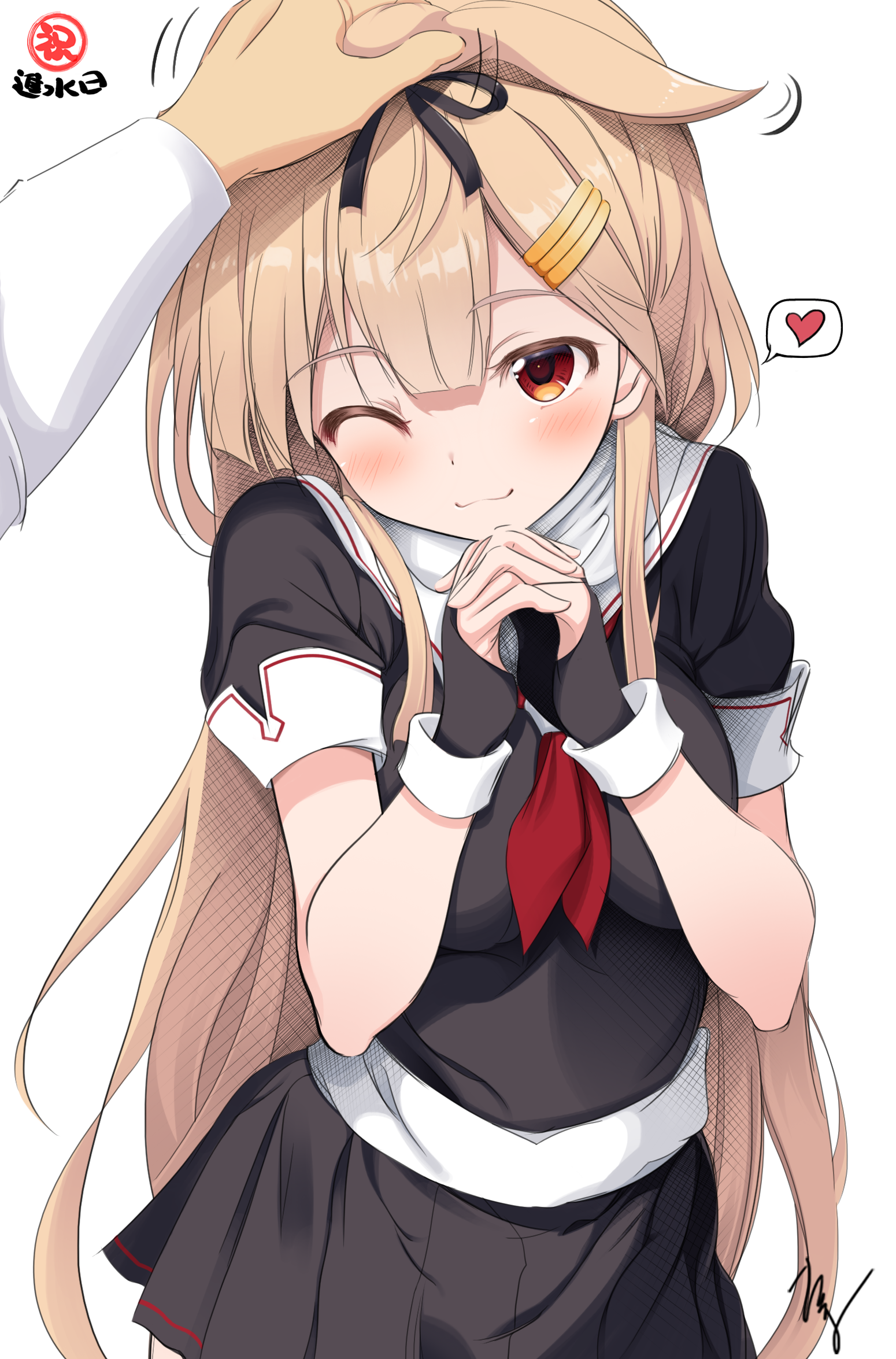 takuma (takumo7121), yuudachi (kancolle), yuudachi kai ni (kancolle), kantai collection, commentary request, highres, 1girl, 1other, ;3, black gloves, black ribbon, black serafuku, black shirt, black skirt, blonde hair, blunt bangs, blush, breasts, cowboy shot, fingerless gloves, gloves, hair flaps, hair ornament, hair ribbon, hairclip, hand on another's head, hands up, happy, headpat, heart, interlocked fingers, large breasts, long hair, looking at viewer, miniskirt, motion lines, neckerchief, one eye closed, own hands together, pleated skirt, red eyes, red neckerchief, ribbon, sailor collar, sailor shirt, scarf, school uniform, serafuku, shirt, short sleeves, sidelocks, signature, simple background, skirt, smile, solo focus, speech bubble, spoken heart, upturned eyes, very long hair, white background, white sailor collar, white scarf