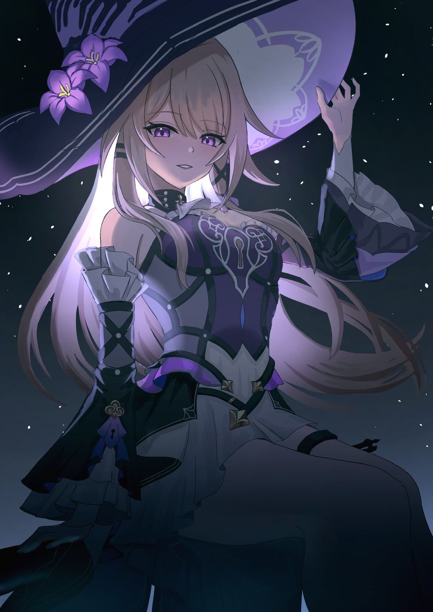 oimo imonium, herta (honkai: star rail), the herta (honkai: star rail), honkai: star rail, honkai (series), commentary request, highres, 1girl, bare shoulders, breasts, brown hair, cleavage, detached sleeves, dress, hat, long hair, looking at viewer, medium breasts, purple dress, purple eyes, purple hat, sitting, solo, thigh strap, witch hat