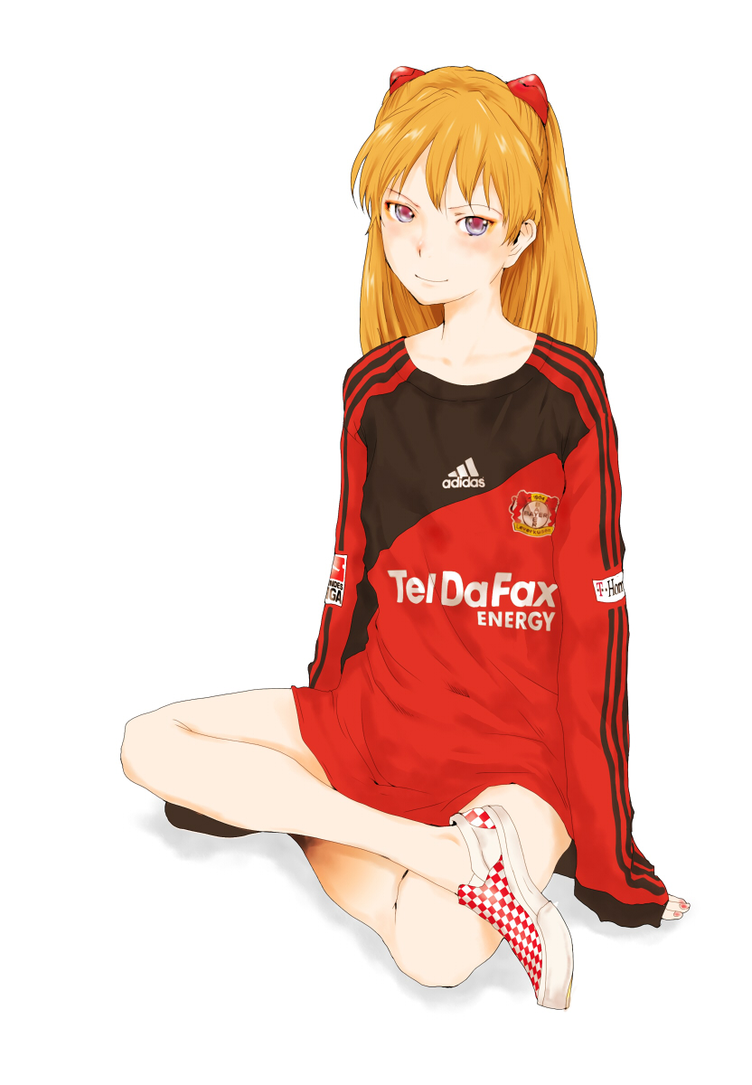 tamaoki benkyou, souryuu asuka langley, adidas, bayer 04 leverkusen, neon genesis evangelion, bad id, bad pixiv id, highres, 1girl, blush, brown hair, clothes writing, crossed legs, female focus, full body, germany, indian style, interface headset (evangelion), jersey, long hair, oversized clothes, raglan sleeves, shoes, simple background, sitting, smile, soccer, soccer uniform, solo, sportswear, white background