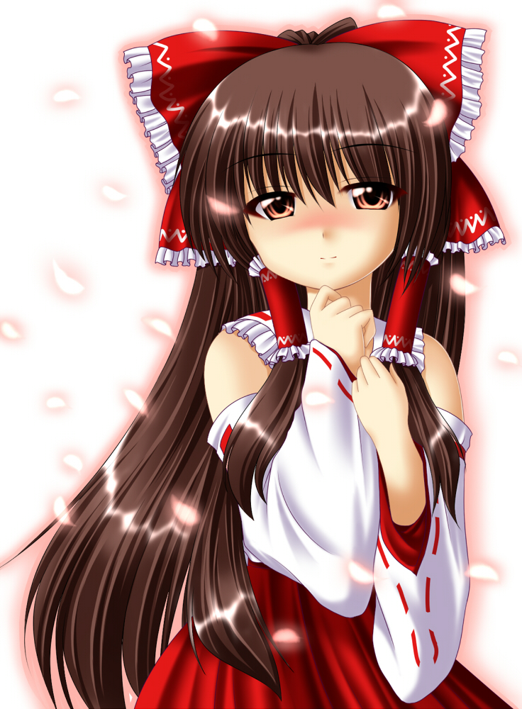 chitose (pixiv), kagura chitose, hakurei reimu, touhou, 1girl, blush, bow, brown hair, detached sleeves, female focus, hair bow, japanese clothes, long hair, miko, orange eyes, solo