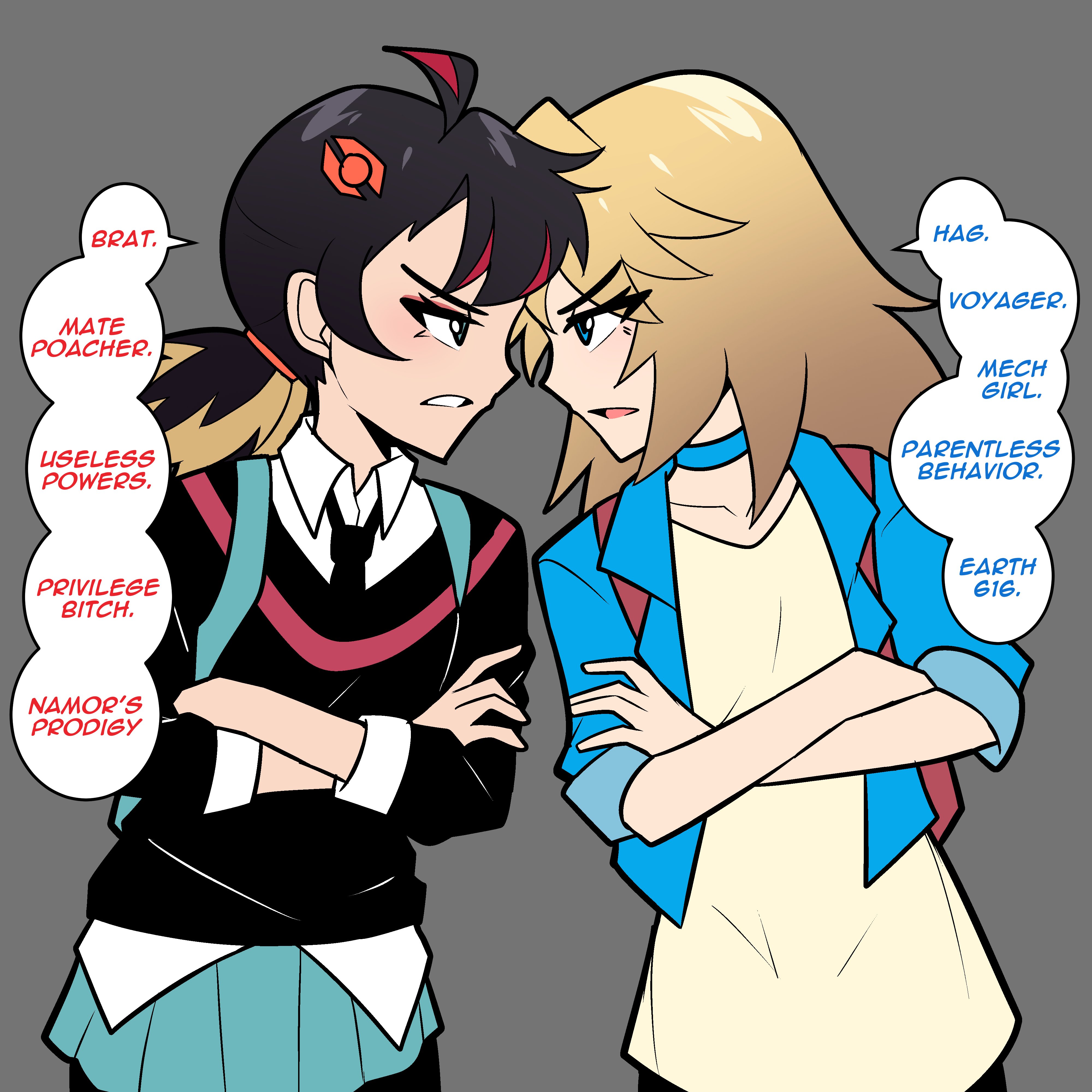 bluebutter, peni parker, valeria richards, fantastic four, marvel, spider-man: into the spider-verse, spider-man (series), spider-verse, absurdres, highres, 2girls, backpack, bag, black hair, black sweater vest, blonde hair, blue eyes, brown eyes, multiple girls, necktie, open mouth, school uniform, shirt, short hair, skirt, smile, sweater vest, white shirt