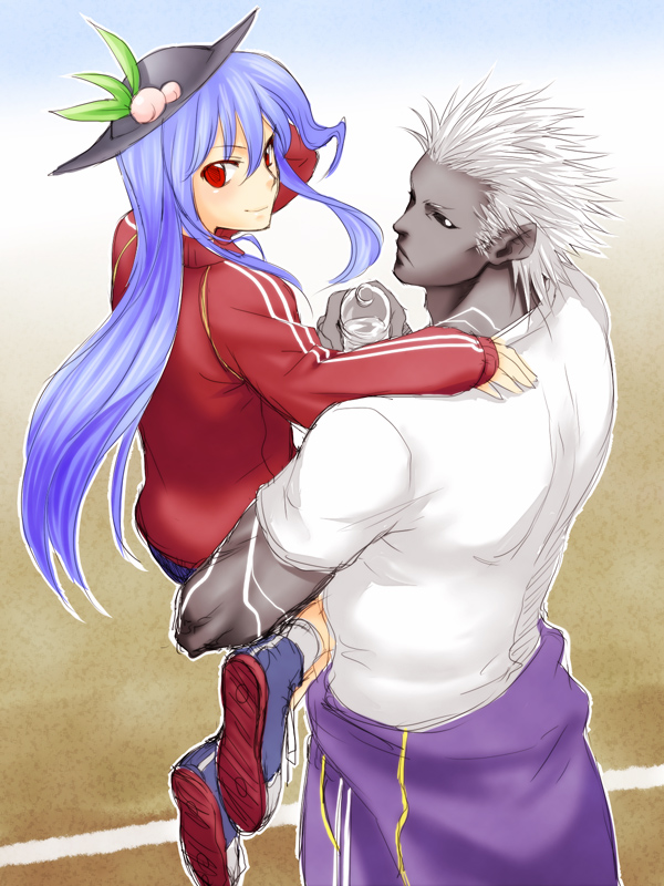 esaka, hinanawi tenshi, mukai (kof), m.u.g.e.n, snk, the king of fighters, touhou, bad id, bad pixiv id, 1boy, 1girl, alternate costume, blue hair, colored skin, couple, crossover, dark-skinned male, dark skin, food, fruit, grey skin, gym uniform, hat, hetero, long hair, peach, red eyes, short hair, sketch, white hair