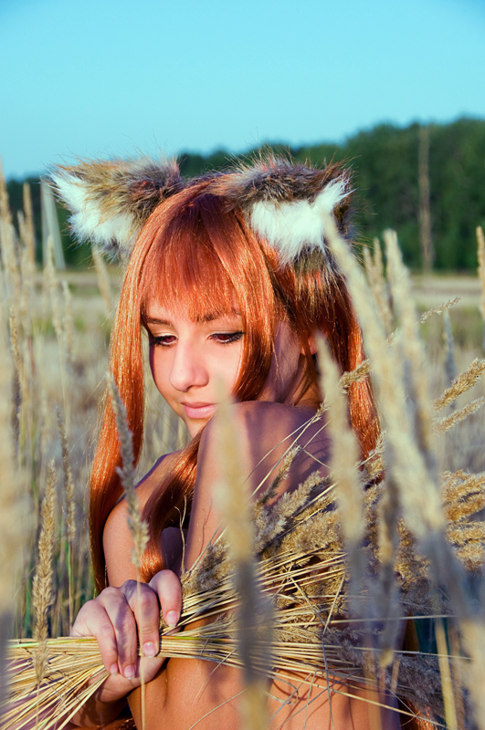 crazyrabbit, holo, spice and wolf, cosplay photo, photo (medium), animal ears, cosplay, covering privates, holo (cosplay), long hair, nude, nude cover, red hair, solo