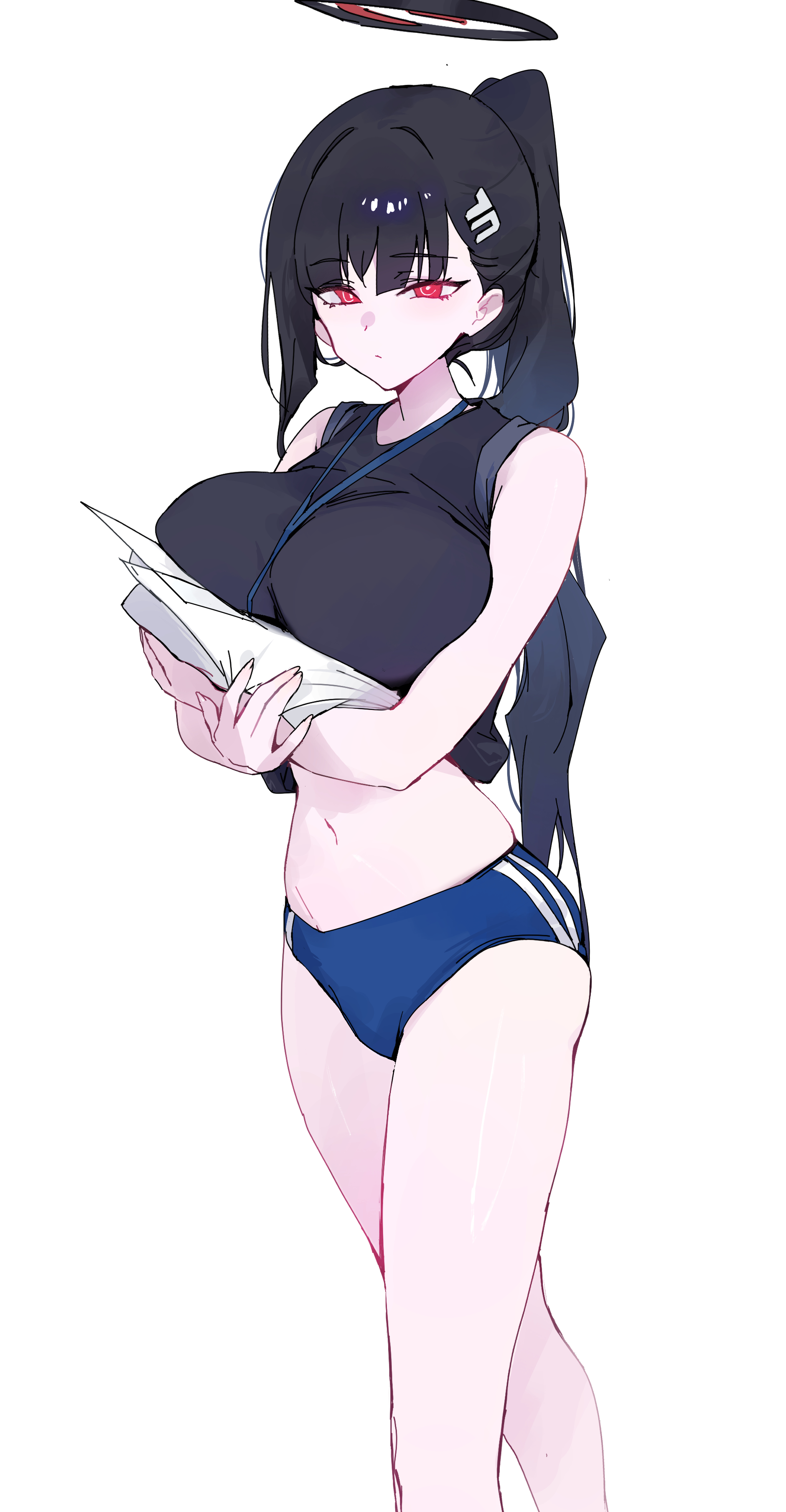 dokshuri, rio (blue archive), blue archive, absurdres, highres, 1girl, alternate costume, bare arms, bare legs, black hair, black shirt, blue buruma, blunt bangs, breasts, buruma, feet out of frame, halo, huge breasts, hugging object, lanyard, long hair, navel, paper, ponytail, red eyes, ringed eyes, shirt, simple background, single sidelock, sleeves rolled up, solo, stomach, very long hair, white background