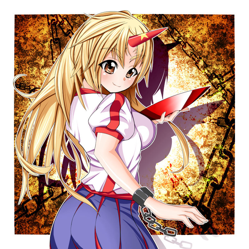 umigarasu (kitsune1963), hoshiguma yuugi, touhou, 1girl, blonde hair, chain, female focus, horns, long hair, orange eyes, single horn, solo